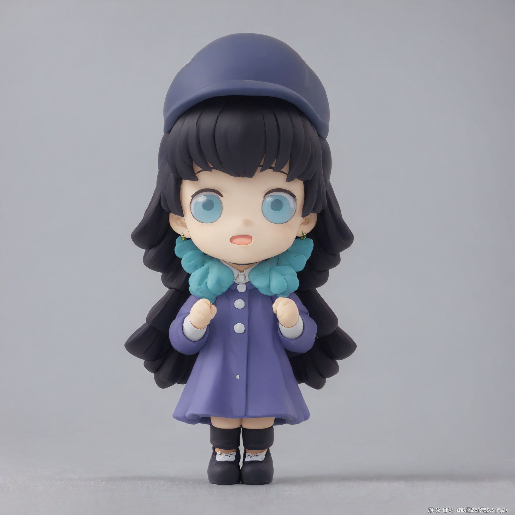 fnk,chibi,blind box,masterpiece, best quality, 1girl, Blue clothes, black hair, outdoor, POP Mart, stand, Purple wool hat, Simple background, .