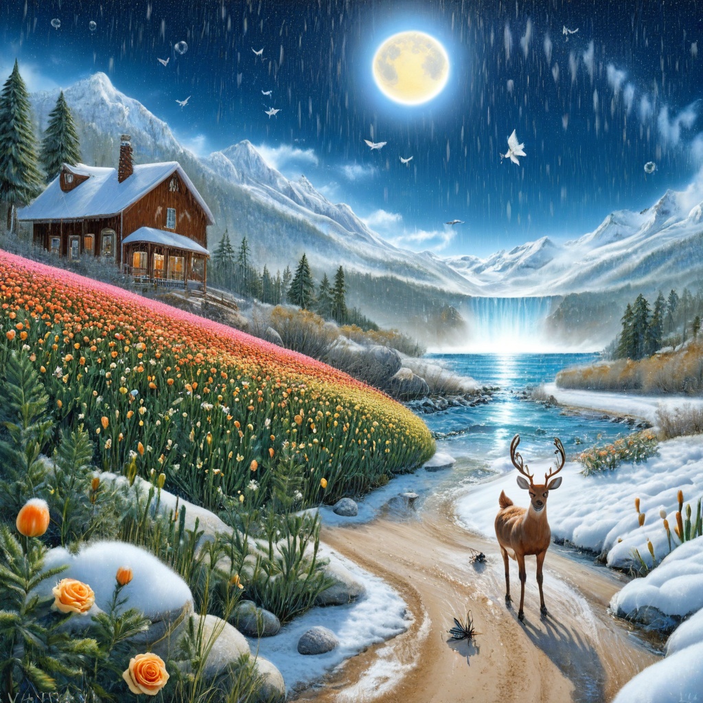 rich colors,  waterfall,  full moon on Tensor.Art