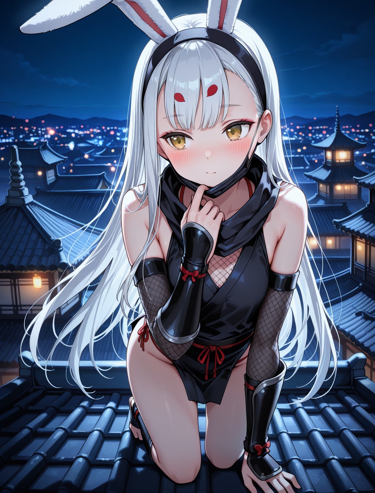 <lora:shimakaze_IL_v1.0:1>,shimakaze,ninja,night,on roof,solo,blush,mask pull,, masterpiece,best quality,