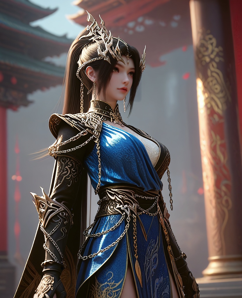 (oriental architecture, elegant decor, sophisticated style:1.1),(Widely opening legs, forming an inverted V shape,:1.1),group profile,(large breasts:1.2),<lora:XL16云深不知梦羲和融合玄凤:0.95>,miss xihe,black wrap coat with blue overdress,shoulder armor,brown eyes,black hair,very long hair,ponytail,hair ornament,jewelry,chain ornament,gauntlets,sash,blue to white ombre base skirt,cape,, score_9,score_8_up,score_7_up,score_6_up,score_5_up,score_4_up,3d rendering,tag1,tag2, Cinematic Lighting,backlighting,