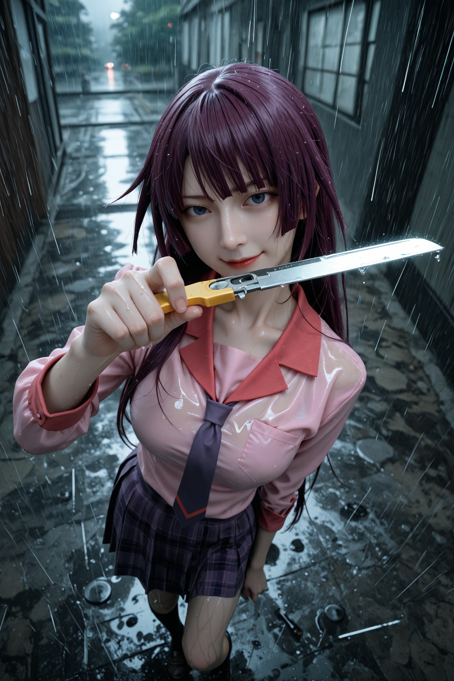 1girl,senjougahara hitagi,monogatari \(series\),school uniform,plaid skirt,very long hair,(yoneyama mai),holding boxcutter,from above,head tilt,evil smile,pointing melee weapon,rainstorm,rain,wet,