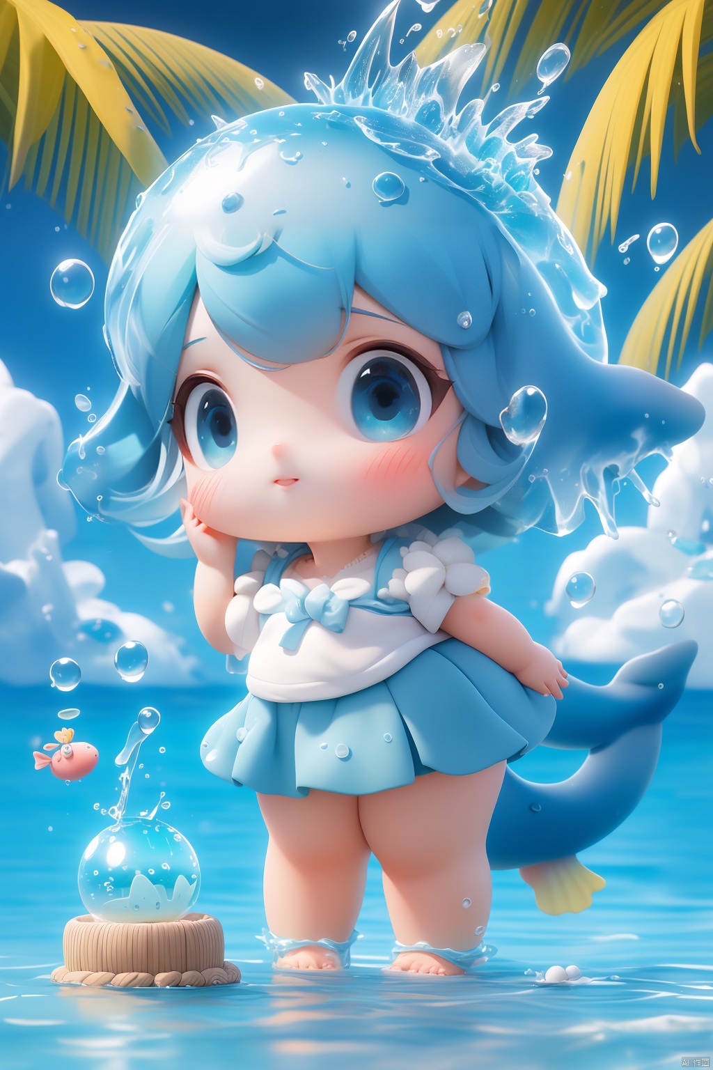 (masterpiece), (best quality), Exquisite visuals, high-definition, (ultra detailed), finely detail, Kawai, loveliness, standing, ((full body)), a slightly shy loli with short blue hair,anthropomorphic whale,a center cut, (child:1.2),whale clothing,blue skirt,(((spray water on the head, there is a water column on the head))),there are many colorful bubbles around,melting clothes, clothes made of water,whale tail,The environment is next to the beach, with coconut trees and many seashells on the beach,, ty-hd<lora:EMS-262746-EMS:0.500000>