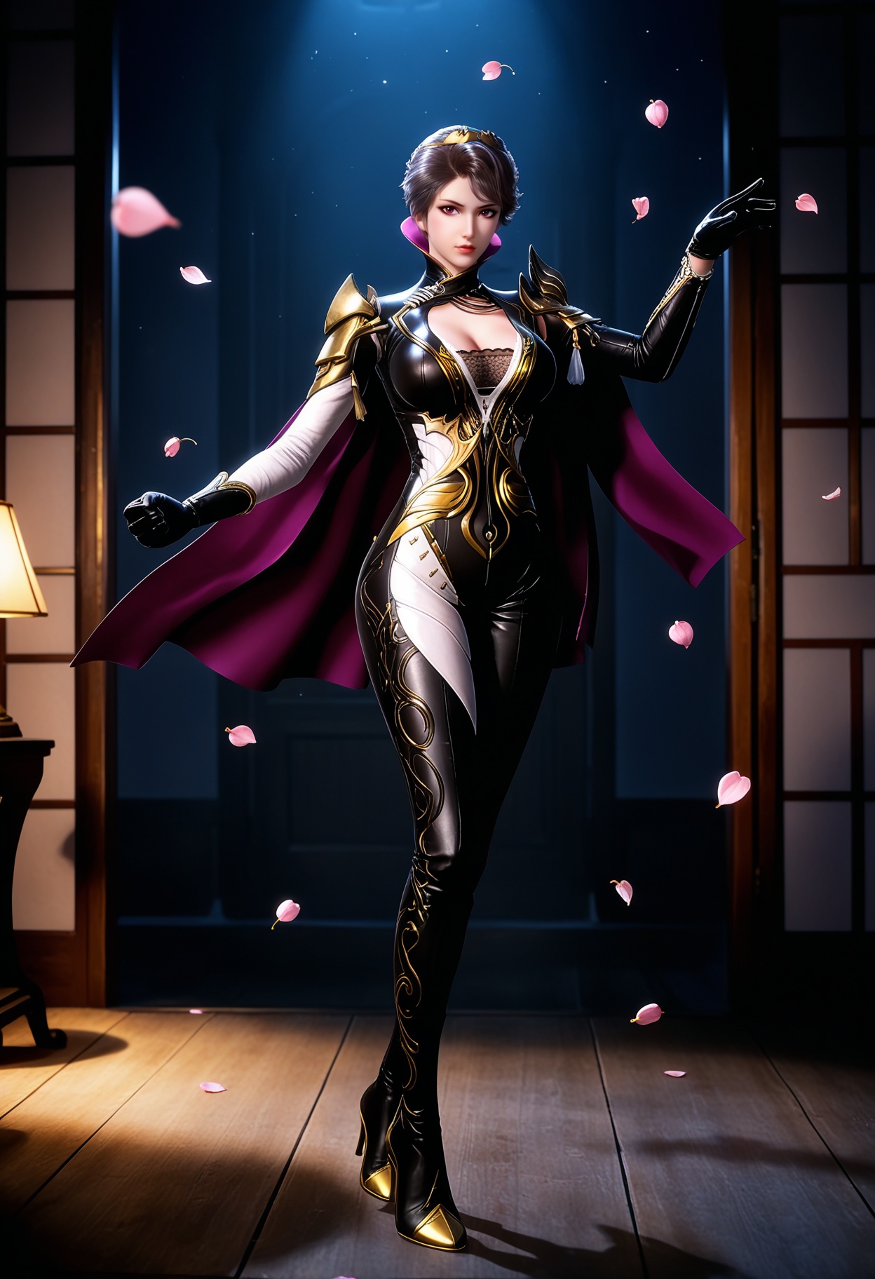 masterpiece,best quality,amazing quality,high resolution,ultra-detailed,absurdres,(looking at viewer:1.1),full body,(Dark room:1.3),(moody lighting:1.1),peach blossom,falling petals BREAK large breasts,cleavage,zhuzhuyun,1girl,solo,short hair,brown hair,bodysuit,gloves,high collar,armor,purple eyes,cape,shoulder armor,hair ornament,makeup,clothing cutout,black bra,lace-trimmed bra,black gloves,high heels,fighting stance BREAK photorealistic details,<lora:QQSillzhuzhuyunV1:0.8>,