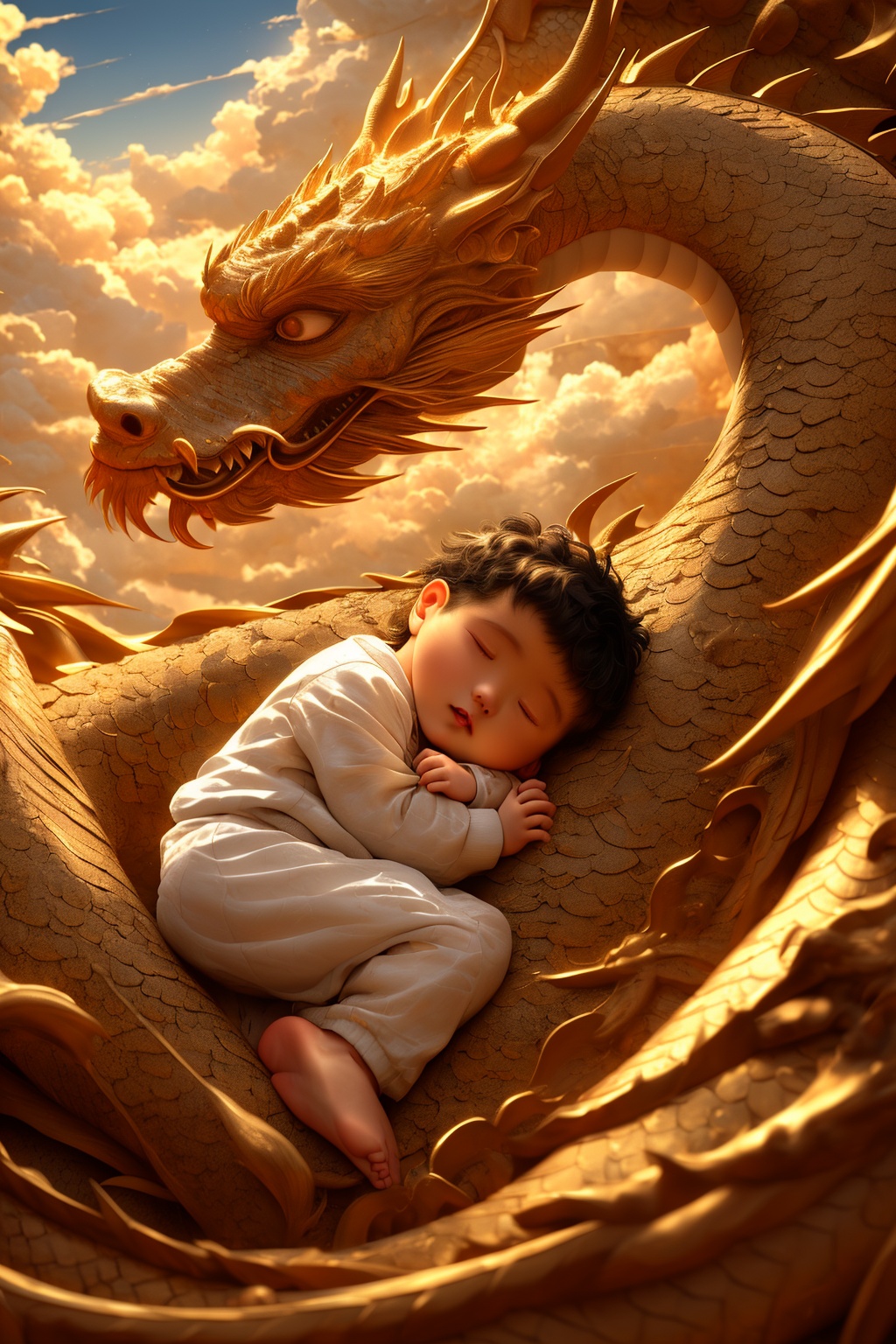lbbz,1boy,closed eyes,male focus,cloud,sleeping,dragon,<lora:lbbz:0.8>,, masterpiece, best quality,