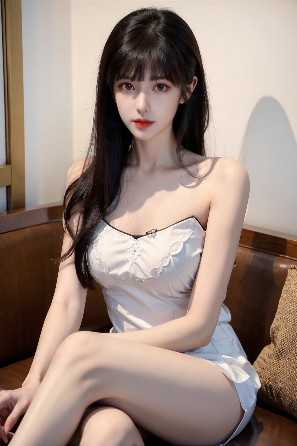 1girl, bangs, bare shoulders, black hair, breasts, brown eyes, collarbone, crossed legs, <lora:斗罗大陆小舞1:0.8>