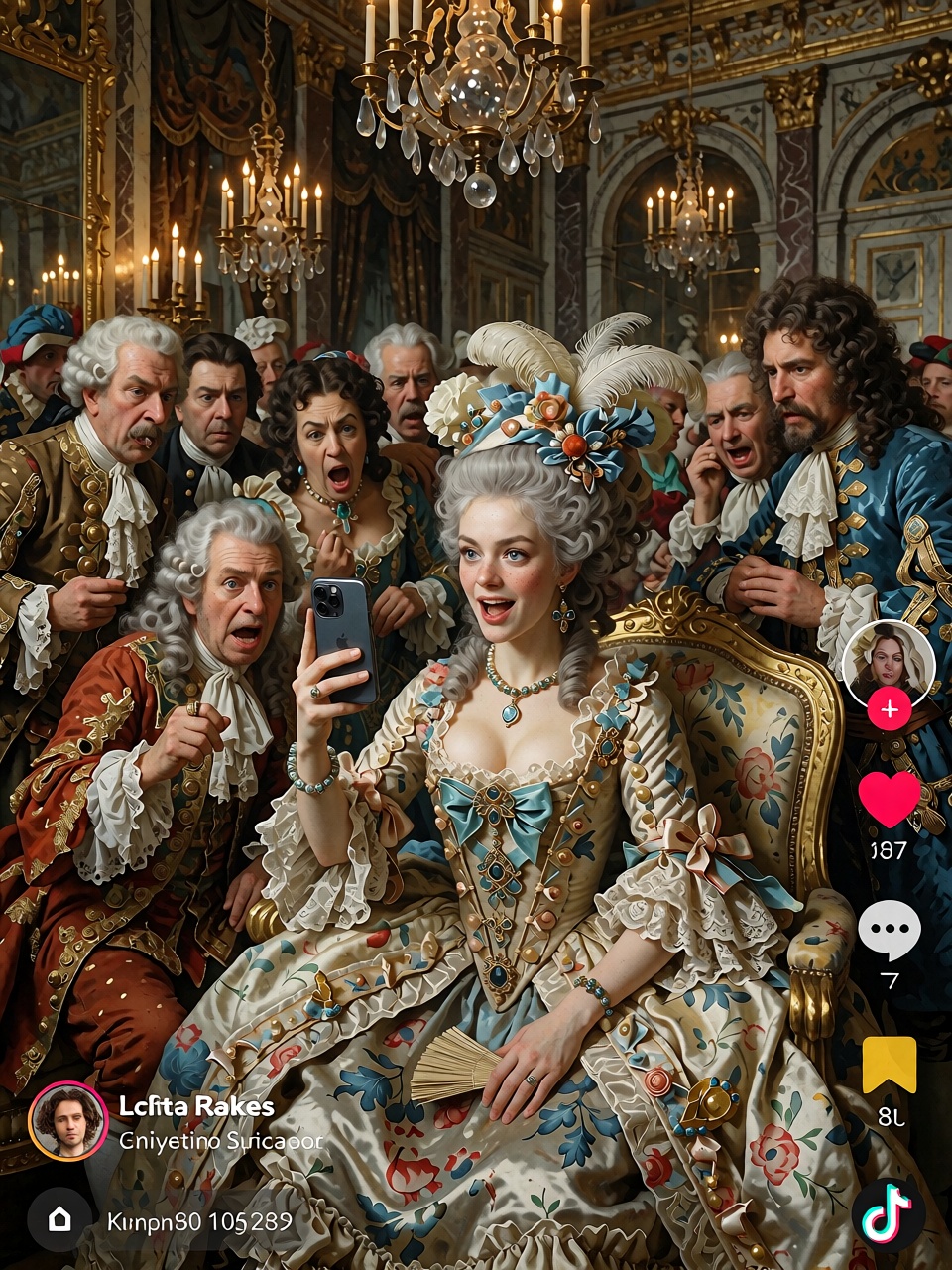 A young court lady in the court of Louis XIV,  inside an opulent Versailles-style salon,  wearing an extravagant 17th-cent...