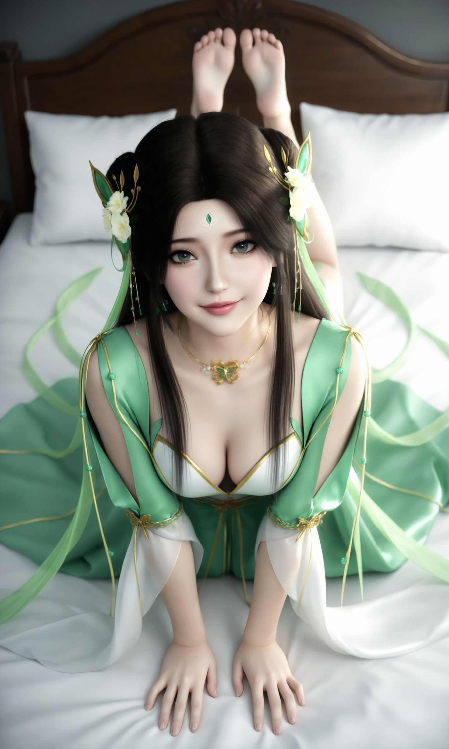 <lora:诛仙碧瑶-伤心花ILL:0.8>,1girl,long,flowing dark hair,flowing,green silk dress with intricate golden embroidery,golden belt,looking at viewer,lips,, full body, smile, feet, on bed,all fours, bed, looking at viewer, bed sheet,