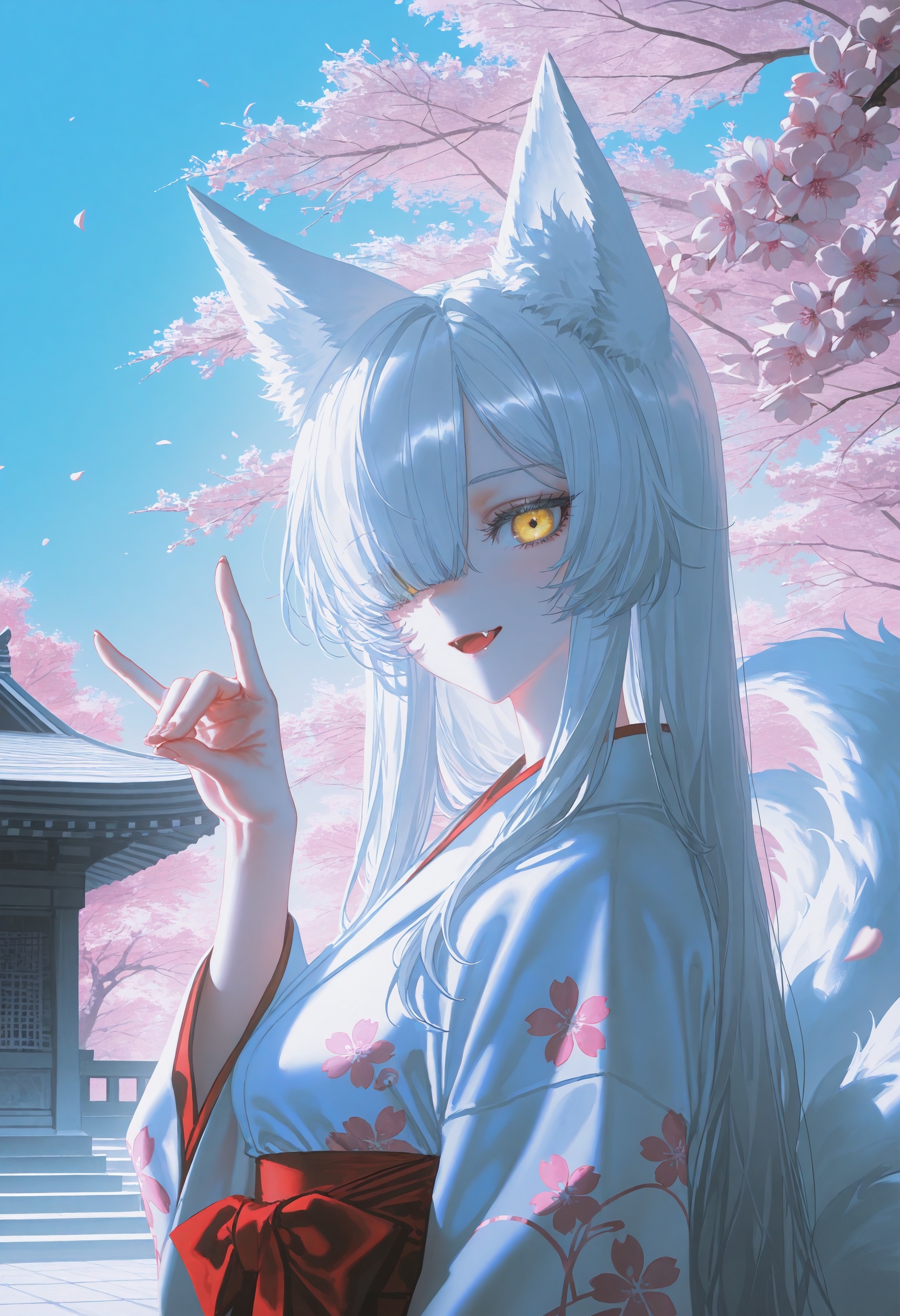 masterpiece,best quality,artist:john_kafka,artist:nixeu,artist:quasarcake,chromatic aberration,film grain,high contrast,color contrast,cold colors,gritty,graphite \\\\(medium\\\\),1girl, fox tail, sky, cherry blossoms, petals, temple, multiple tails, white hair, long hair, animal ears, masterpiece, yellow eyes, kitsune, hair over one eye, light smile, head tilt, close-up, portrait, open mouth, looking at viewer, fox shadow puppet, from side, white kimono, standing, floral print, fang,