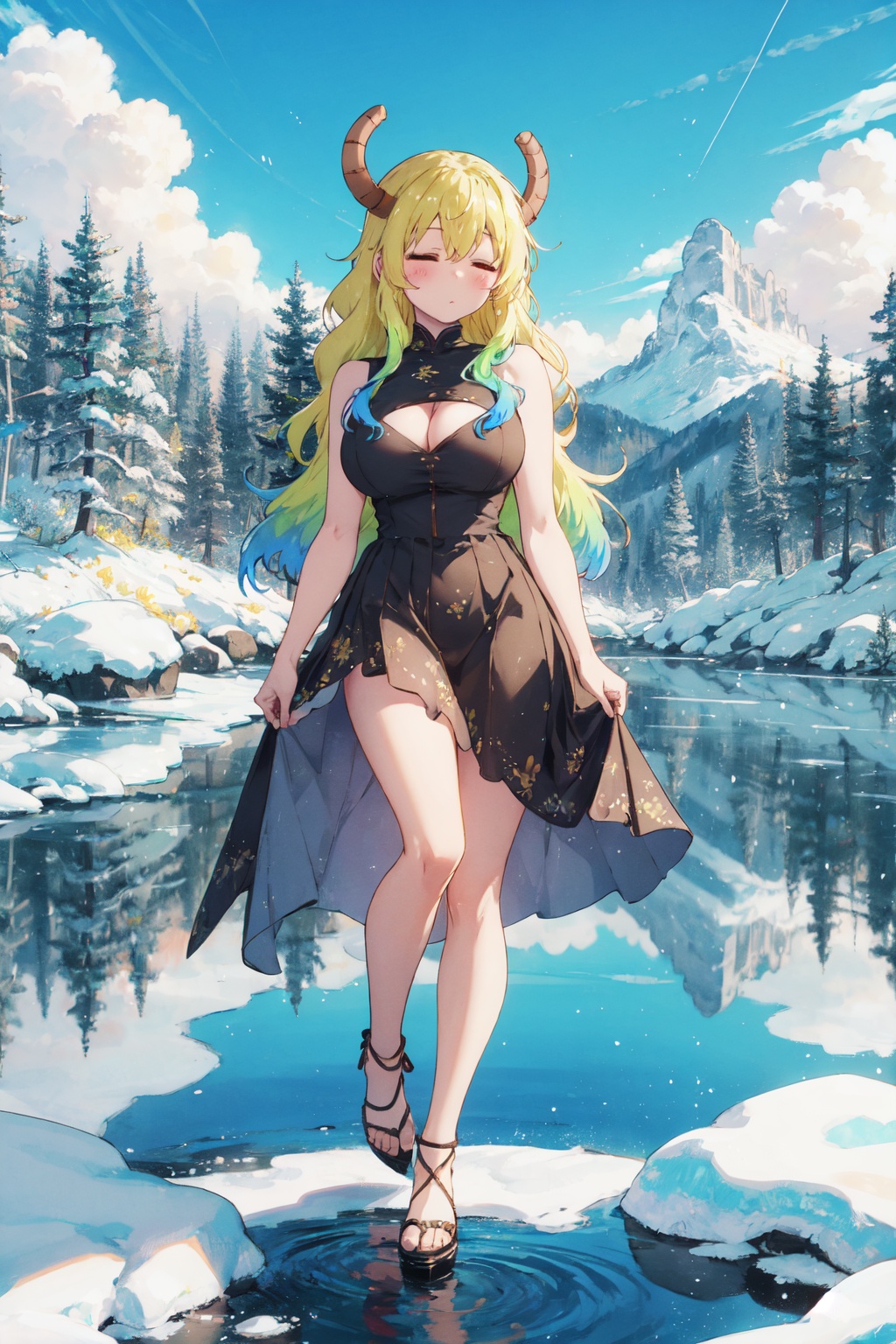 <lora:Quetzalcoatl-000019:0.8>,Lcoa CYQL,1girl,looking at viewer,solo,dragon girl,long hair,blonde hair,green hair,multicolored hair,gradient hair,dragon horns,closed eyes,breasts,large breasts,cleavage,full body,High-neck swing sundress with a geometric pattern,light_blush,portrait,Formed by melting glaciers, these lakes boast a unique azure hue, framed by surrounding snow-capped peaks. Their surfaces mirror calmness, reflecting blue skies and white clouds,(Orchids, Ferns, Palm trees, Epiphytes, Dense foliage, Humidity, Exotic birds:0.5),beautiful detailed sky,beautiful detailed glow,posing in front of a colorful and dynamic background,masterpiece,best quality,beautiful and aesthetic,contrapposto,female focus,wallpaper,