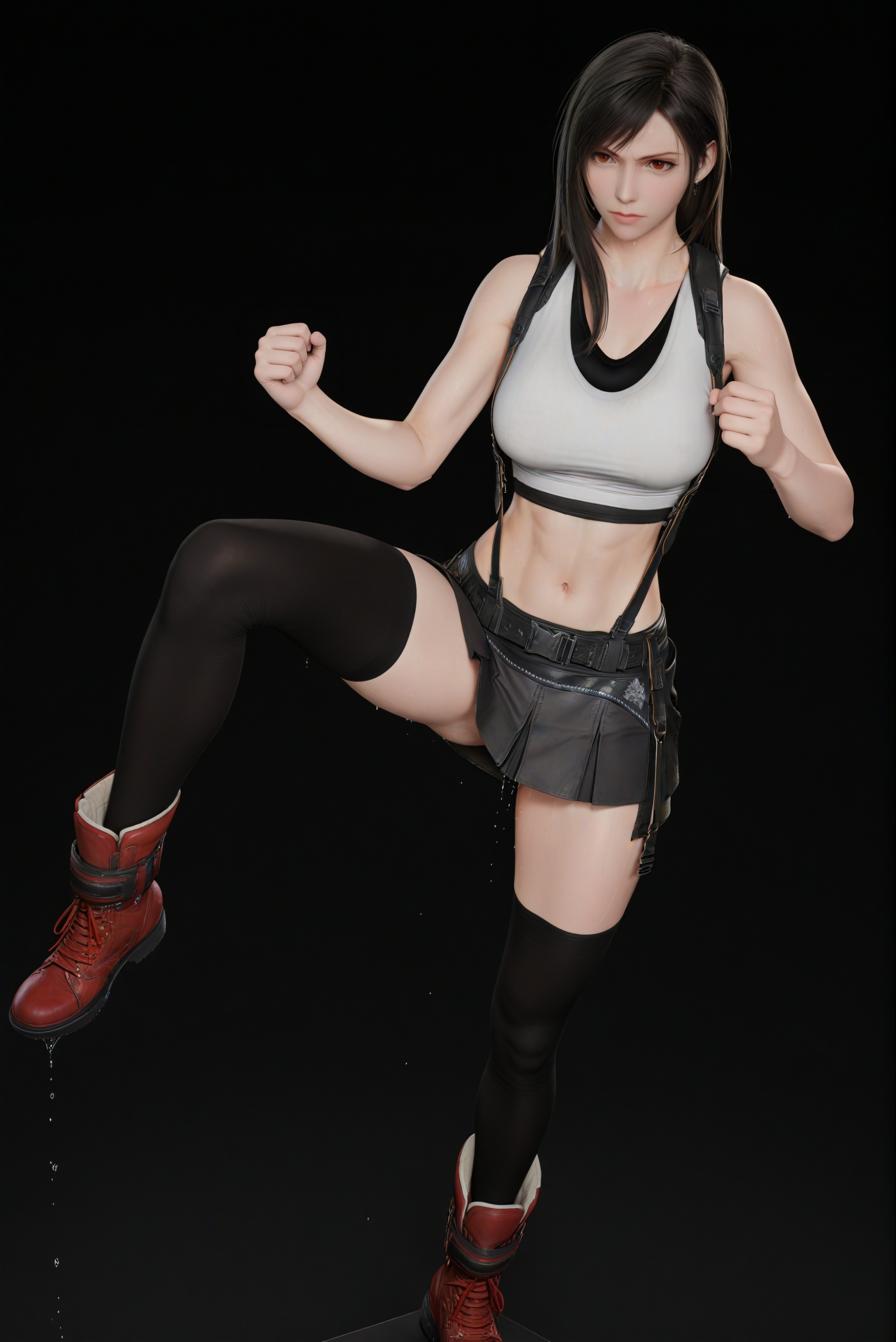 (score_9),shaded_face,jitome,collarbone,(glamor:1.1),narrow waist,<lora:Tifa_ill:0.85>,1girl,solo,tifa lockhart,long hair,black hair,amber eyes,red eyes,black undershirt,white **** top,crop top,suspenders,black skirt,suspender skirt,belt,miniskirt,combat boots,ankle_boots,thighhighs,black thighhighs,navel,groin,(mound_of_venus),toned body,athletic body,toned midriff,large breasts,black nails,(high_kick),feet_up,fighting stance,fist bump,(white_skin),(sweaty skin),(very sweaty),(pale_skin),(fair_skin),shiny wet,warm soft,high detail,soft pastel lighting,aesthetically pleasing,simple background,black background,