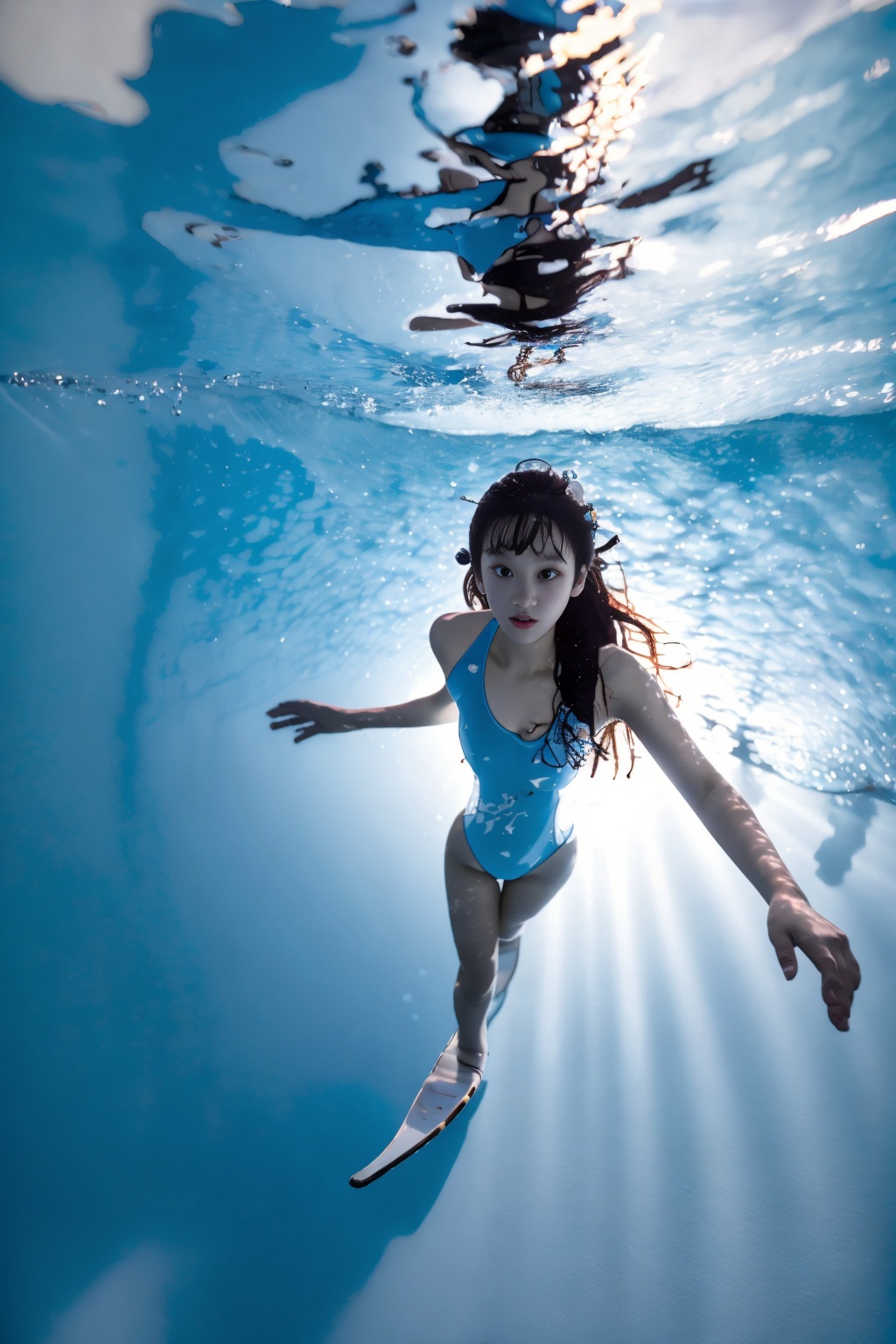 wsshuixia,1girl,solo,long hair,完美的脸,one-piece swimsuit,freediving,(full body:1.1),Face lighting,swimming,looking at viewer,flipper,close-up,blue tone,