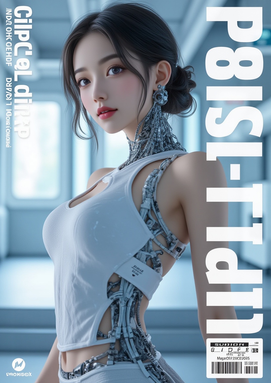 realistic future cyborg female, mechanical_parts, indoors, looking_at_viewer, cinematic, light background, large future-style text "girl friend" displayed, artist_name, english_text, copyright_name, cover, cover_page, barcode, magazine_cover, fake_cover, manga_cover, high resolution, best quality, highres, excellent design,  <lora:女生(3):1>