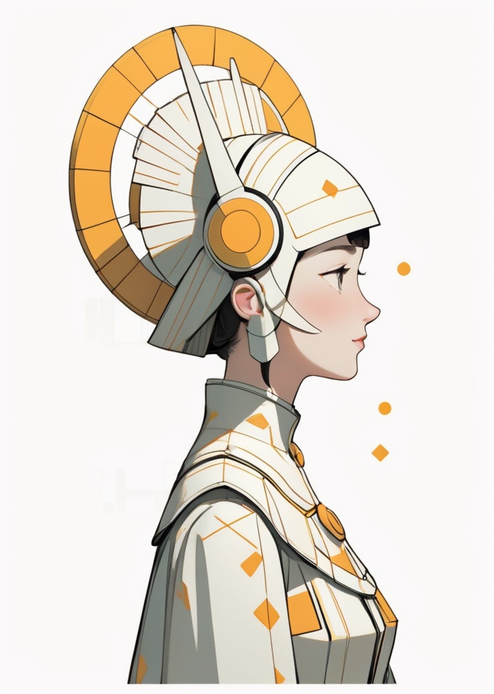 1gril,fullbody, on other colors. The headgear should be depicted in a stylized, modern form. The illustration should be flat and minimalist, with a white background to emphasize the character's whimsical side profile and headgear, resonating with the geometric aesthetic we established earlier.
