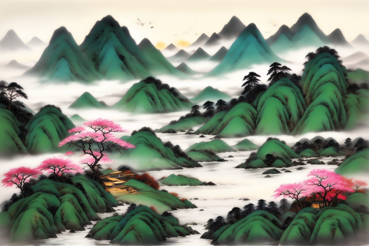 <lora:AgainChineseInkPainting:1>,AgainChineseInkPainting, mountain, no humans, outdoors, scenery, tree, fog, sky, chinese ink painting, cloud, nature, flower, mountainous horizon, water, landscape, grey sky, plant