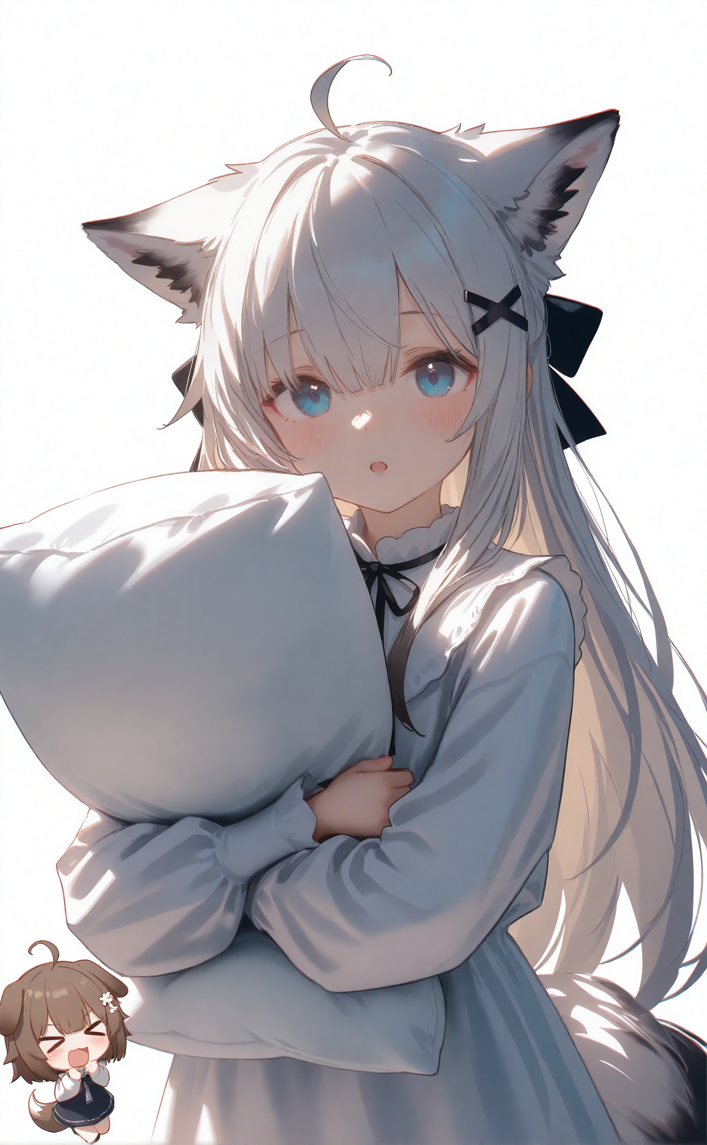 masterpiece,absurdres,best quality,high quality,chromatic_aberration,night,darkness,black theme,photorealistic,loli,//,animal ears,blue eyes,pillow,long sleeves,tail,animal ear fluff,white background,hugging object,long hair,hair ornament,blush,looking at viewer,simple background,:o,x hair ornament,white hair,ahoge,pillow hug,multiple girls,chibi,parted lips,2girls,solo focus,black bow,bow,>_<,hair bow,dress,wide sleeves,hair between eyes,chibi inset,very long hair,holding pillow,hairclip,dog ears,grey hair,upper body,xd,fox ears,puffy long sleeves,white dress,holding,closed eyes,fox tail,fox girl,:d,dog girl,brown hair,dog tail,1girl,shirt,puffy sleeves,open mouth,smile,white shirt,black ribbon,<lora:Nano_amei5up:0.8>,