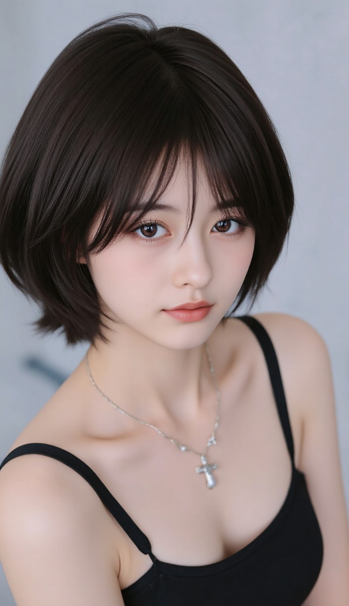 1girl,solo,realistic,looking at viewer,black hair,short hair,lips,upper body,closed mouth,bare shoulders,spaghetti strap,portrait,necklace,jewelry,