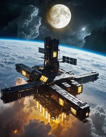 in space,  cyberpunk design industrial structure,  space station above clouds on Tensor.Art