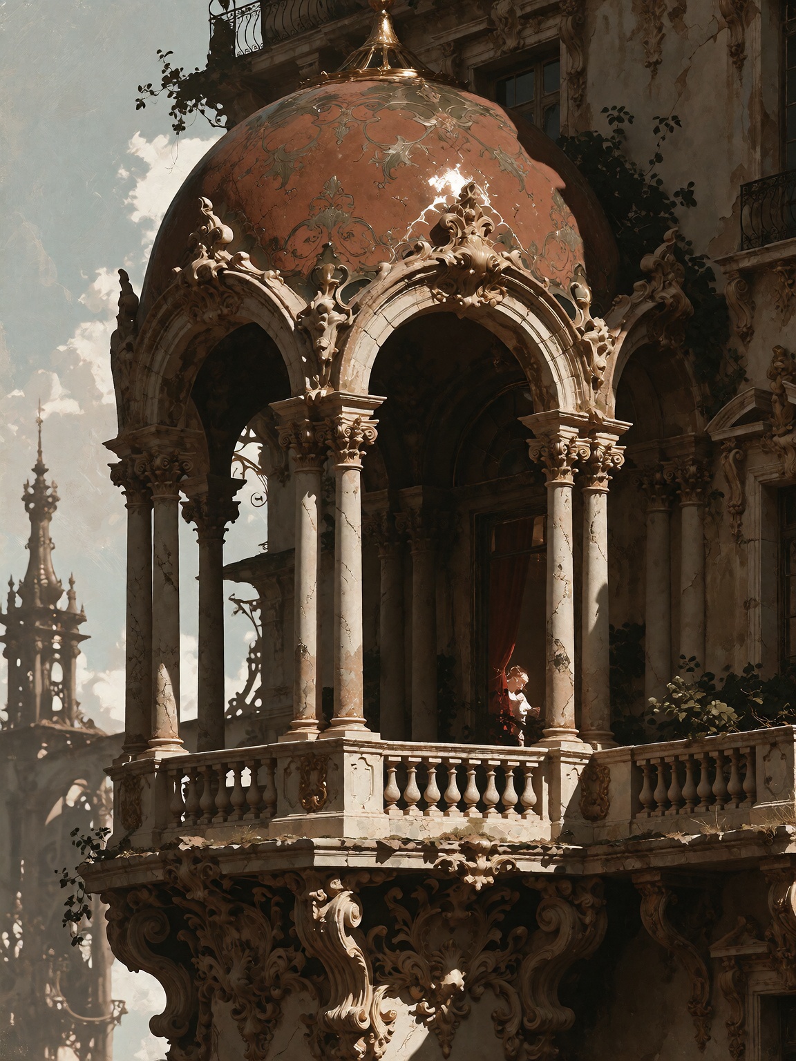 Ilusfacty5 art style. In this hauntingly poetic cinematic frame,  we are drawn to an ornate,  weathered domed pavilion sus...