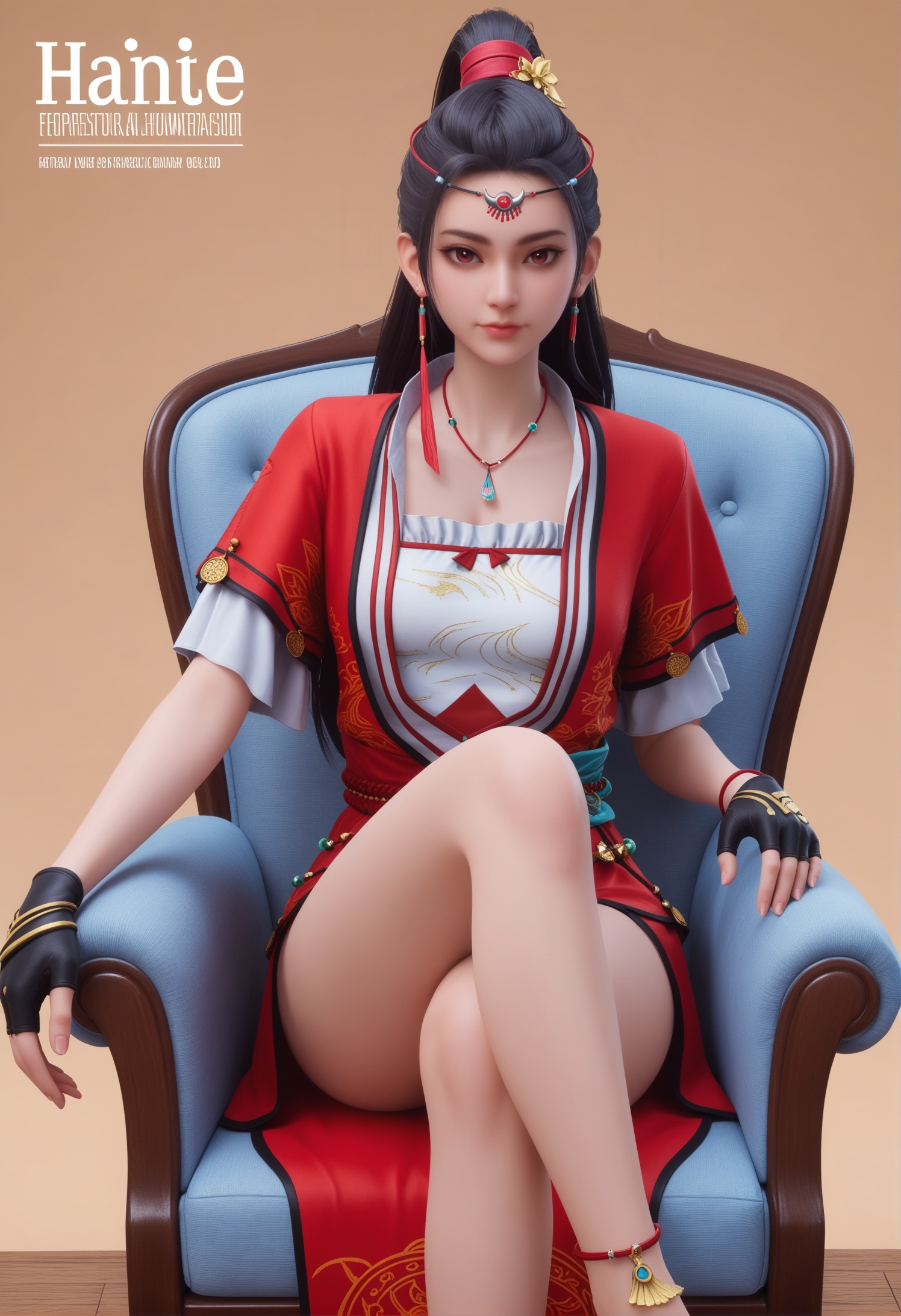 score_9,score_8_up,score_7_up,1girl,solo,realistic,(looking at viewer:1.1),1girl,solo,realistic,dress,red dress,chinese clothes,dragon print,hanfu,black gloves,single glove,fingerless gloves,1girl,solo,realistic,jewelry,circlet,head chain,beads,hair ornament,hair flower,forehead jewel,tassel earrings,tassel,earrings,necklace,pendant,bracelet,anklet,1girl,solo,realistic,(mature face:1.2),big eye,(pale_skin:1.1),shiny_skin,slender face,long hair,red eyes,black hair,ponytail,eyelashes,lips,collarbone,closed mouth,realistic,(red_theme:1.1),advertising cover,solid background,simple background,(magazine cover theme:0.95),sitting,(crossed_legs:1.3),(white chair:0.9),medium breasts,(cleavage:1.1),cleavage cutout,<lora:小巳-柳七月:0.8>,