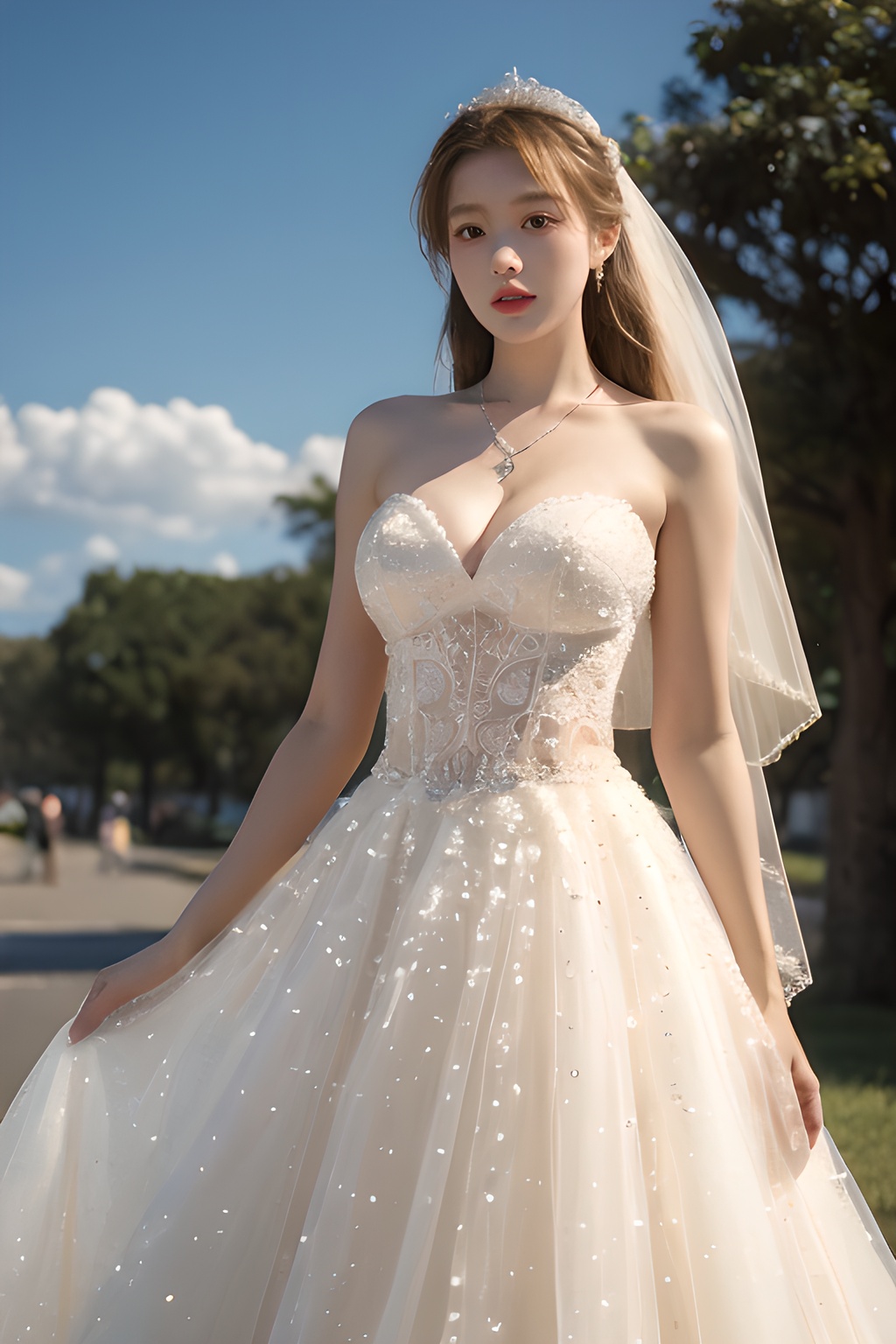 (masterpiece:1.3),(best quality:1.3),(photorealistic:1.4),see-through,midriff,pantyhose,(large breasts:1.2),yaosi,(street:1.4),(ultra detailed:1.3),unity 8k wallpaper,realistic,1girl,beautiful,smile,Big eyes more details,hair in the back of the head,a pearl necklace around the neck,(wedding dress:1.4),bright color,standing on the lawn,blue sky,floret,white clouds,soft light,early summer at seven in the morning,Jewelry,necklace,(8k, RAW photo, best quality, masterpiece:1.2),(realistic, photo-realistic),professional lighting,photon mapping,radiosity,Extreme Light and Shadow,  <lora:YG梦中婚纱6:0.75>,