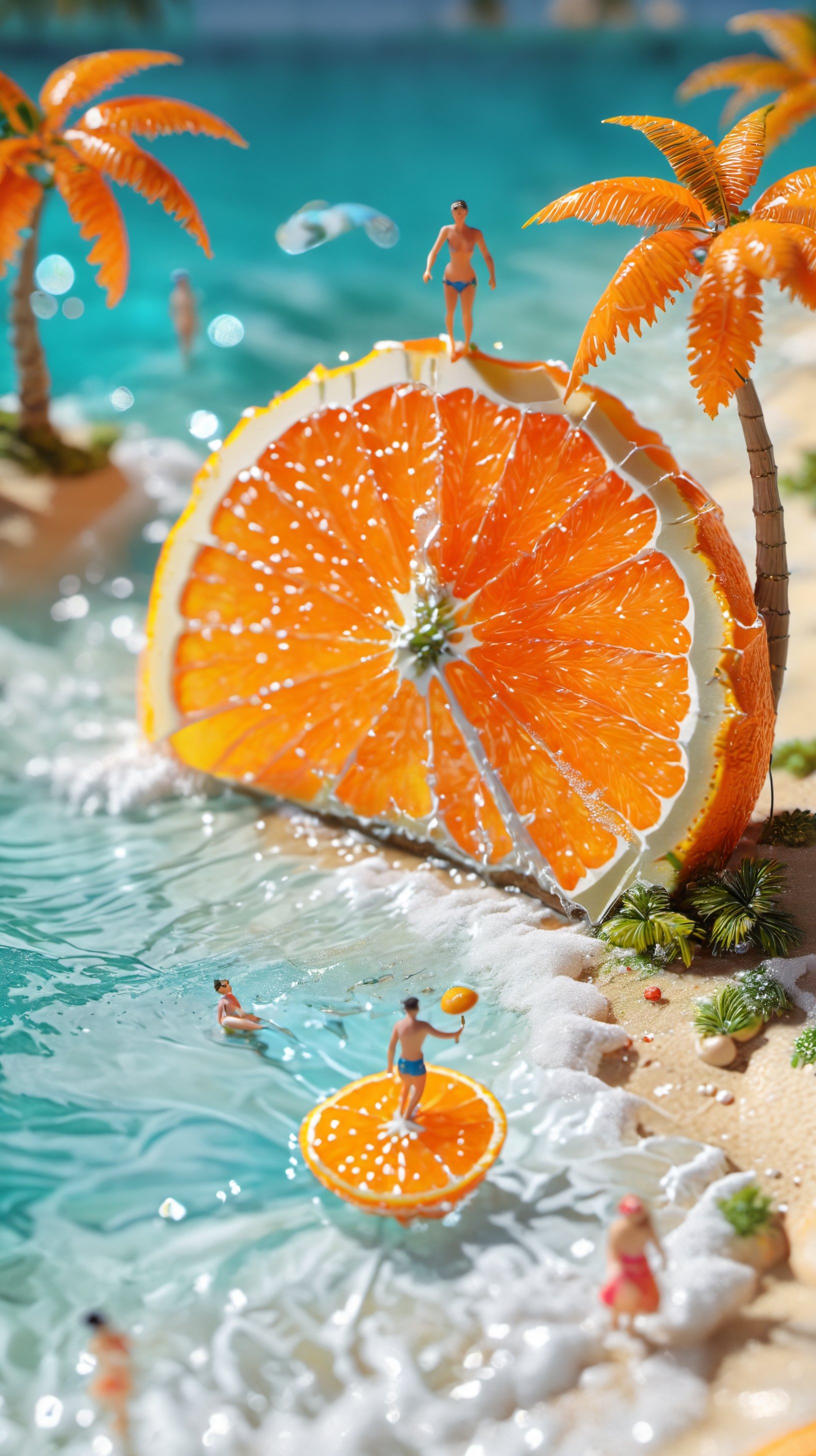 <lora:鼻涕泡_微缩王国_V1.0:0.85>,highly detailed,ultra-high resolutions,32K UHD,best quality,masterpiece,tao,chi,tree,fruit,umbrella,palm tree,orange \(fruit\),food,outdoors,blurry,water,The image showcases a miniature beach scene with a slice of orange,two palm trees,and several tiny figures enjoying the sun and water.,