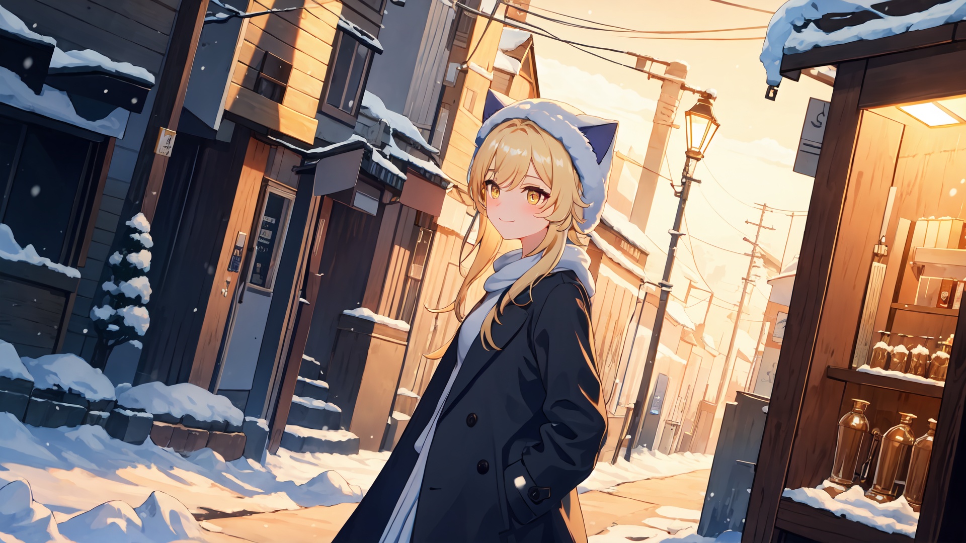 masterpiece,best quality,cinematic light,dramatic light,best shadow,colorful,wallpaper,high contrast,best illumination,ultra-detailed,an extremely delicate and beautiful,dynamic angle,depth of field,cowboy shot,upper body,<lora:lumine:0.5>,(lumine (genshin impact):0.8),(solo:1.3),1girl,hair ornament,yellow eyes,blonde hair,perfect face,perfect eyes,sidelighting,outdoors,street,phone booth,cityscape,shop,handrail,street lamp,power lines,hands in pockets,detailed background,sidelocks,perfect hands,perfect fingers,detailed fingers,in winter,snow,snowing,(long_coat:1.5),(cat_hat:1.2),light smile,blush,eyeshadow,