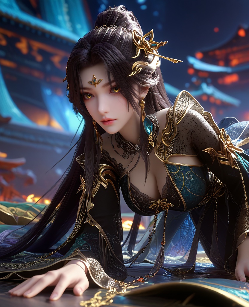 (oriental architecture, elegant decor, sophisticated style:1.1),(all fours, elbows on the ground,:1.1),Through a close-up, focusing on intricate details,(large breasts:1.2),<lora:XL16云深不知梦羲和第9集:0.95>,miss xihe,ombre gown,yellow eyes,forehead jewel,black hair,absurdly long hair,traditional chinese updo with long cascading hair,hair ornament,jewelry,earrings,wide sleeves,boots,eyeshadow,, score_9,score_8_up,score_7_up,score_6_up,score_5_up,score_4_up,3d rendering,tag1,tag2, Cinematic Lighting,backlighting,