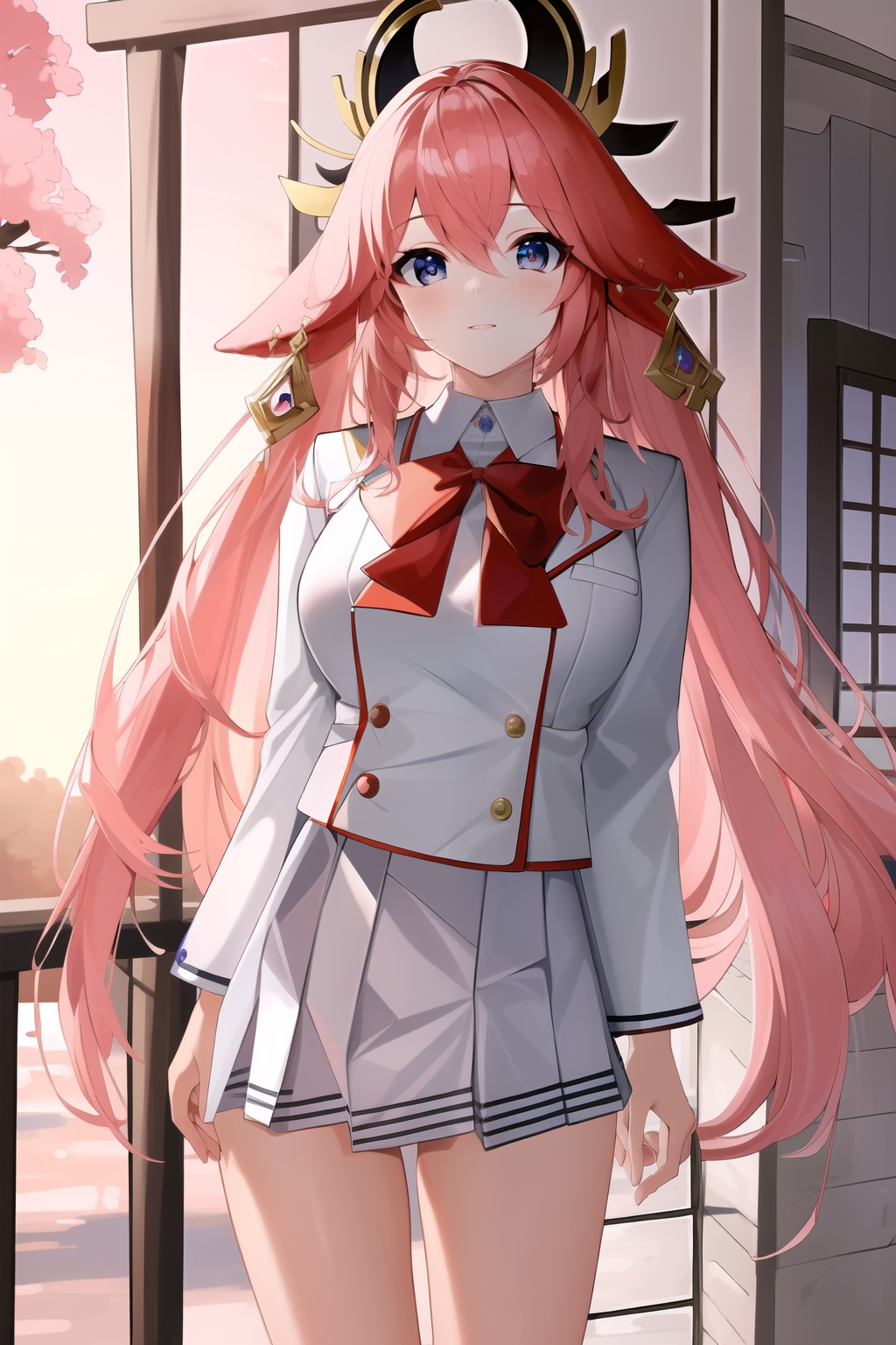 (masterpiece, best quality:1.2),insanely detailed,absurdres,ultra-highres,ultra-detailed,best quality,slender,kawaii,perfect symmetrical face,ultra cute girl,ultra cute face,ultra detailed eyes,ultra cute,ultra beautifu,<lora:Yae Miko-000008:0.8>,yae miko,school uniform,white school uniform,outdoors,day,standing,