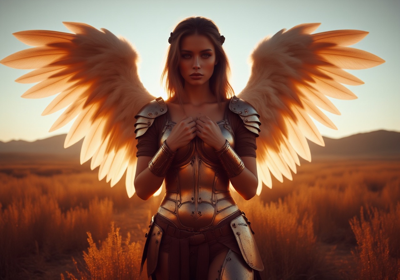 AngelDreamFlux,  The image features a female angel in a warrior costume,  complete with a helmet on Tensor.Art