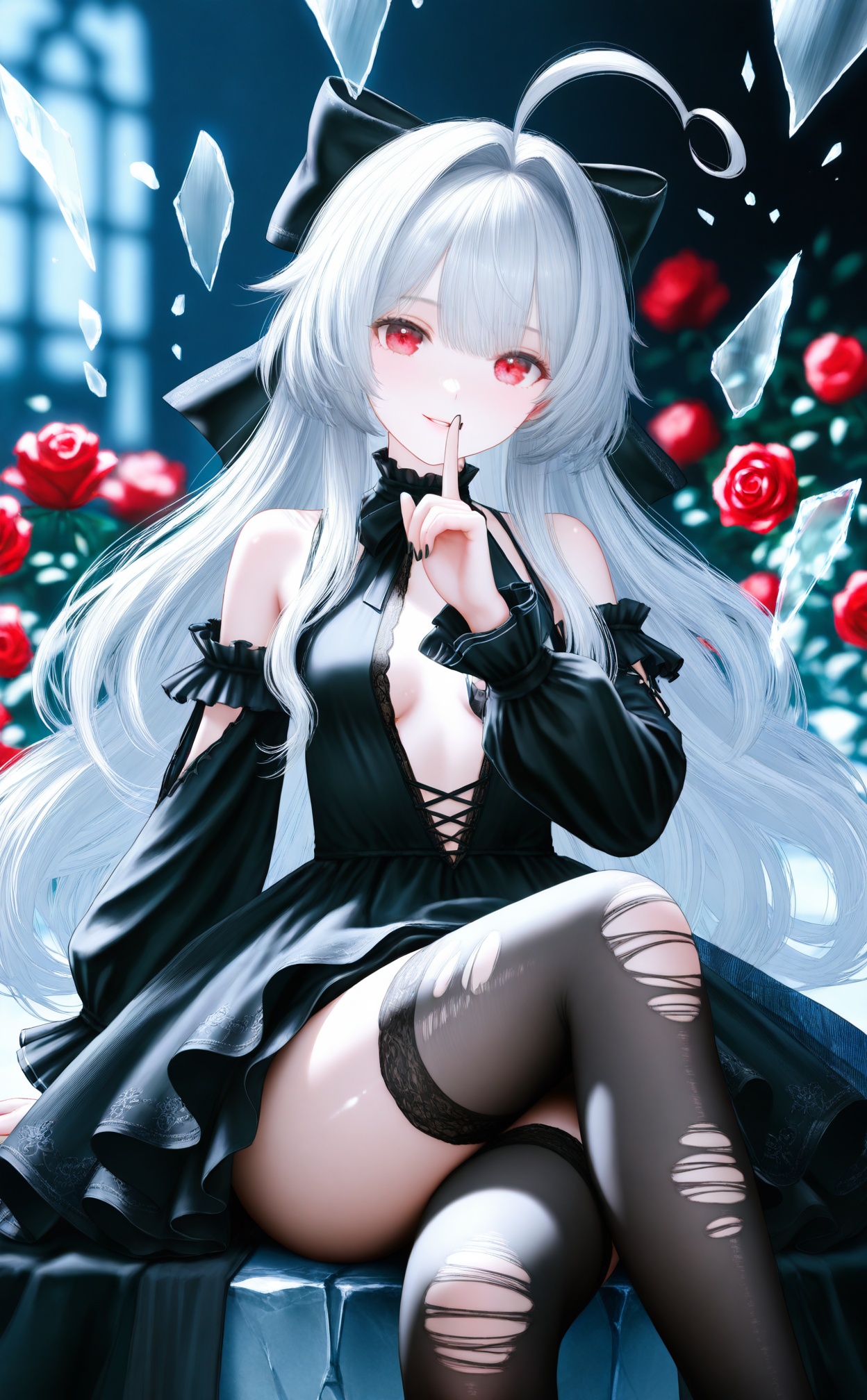masterpiece,very aware,highres,absurdres,newest,best quality,high quality,loli,petite,chromatic_aberration,Light Blue Theme,//,1girl,solo,thighhighs,long hair,broken glass,red eyes,breasts,crossed legs,finger to mouth,flower,red flower,ahoge,black nails,looking at viewer,bare shoulders,white hair,black thighhighs,glass,sitting,red rose,detached sleeves,glass shards,torn thighhighs,black dress,rose,parted lips,thighs,dress,torn clothes,black bow,very long hair,nail polish,shushing,bow,feet out of frame,medium breasts,hair intakes,grey hair,shards,smile,center opening,huge ahoge,index finger raised,ribbon,long sleeves,hair bow,//,//,buzhidao313 style,official art,depth of field,detailed light,blurry background,best shadow,shiny skin,cinematic lighting,ray tracing,amazing quality,very aesthetic,absurdres,beast quality,ultra detailed,newest,8K,HDR,