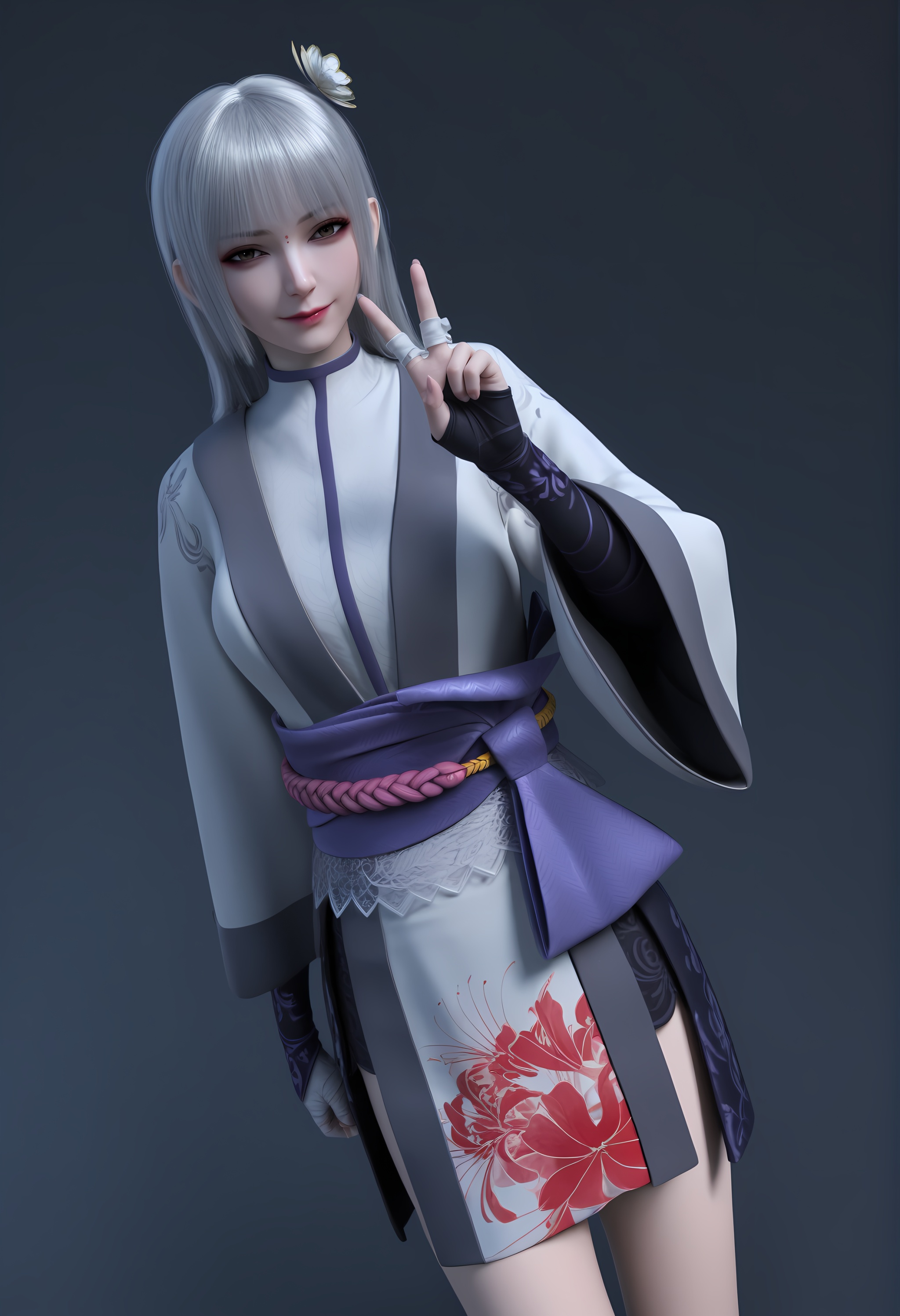 (score_9),dutch angle,cowboy shot,standing,<lora:苏红息-apony:0.83>,shuxihong,1girl,solo,red dot,long hair,silver hair,hair ornament,hair flower,bangs,kimono,sash,short kimono,obi,bandages,floral print,legs,mature_female,BREAK<lora:Expressive_H-000001:0.8>,light blush,Expressiveh,looking down,seductive_smile,dutch angle,dynamic_angle,from above,selfie,v sign,closed mouth,<lora:e肤色滑块:0.25>,fair_skin,(pale skin),<lora:e色温:0.25>,ultra-detailed skin texture,detailed textures,<lora:皮肤凹痕:1.5>,<lora:RealisticSkinv1_ponyv6_loraplus:0.35>,real skin,BREAKsimple background,black background,4K ultra HD,sharp focus,high detail,high contrast,