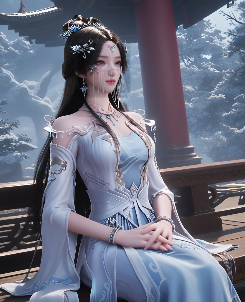 (oriental architecture, elegant decor, sophisticated style:1.1),(Sitting on a bench, hands clasped in the lap, lost in deep thought and contemplation,:1.1),(breasts:1.2),<lora:XL16遮天安妙依:0.95>,miss anmiaoyi,white sheer fabric dress,light blue camisole,blue eyes,chain drop veil,forehead pendan,black hair,traditional chinese updo with long front strands,very long hair,hair ornament,jewelry,sash,light blue petticoat,, score_9,score_8_up,score_7_up,score_6_up,score_5_up,score_4_up,3d rendering,tag1,tag2, Cinematic Lighting,backlighting,
