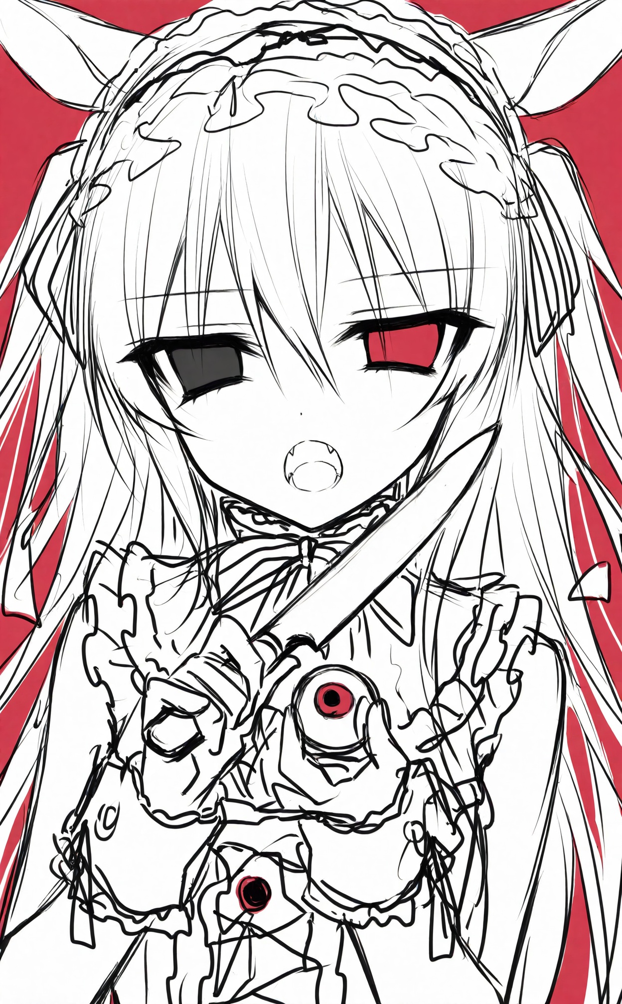 masterpiece,absurdres,best quality,((petite)),loli,high quality,white theme,//,1girl, solo, eyeball, heterochromia, holding, hairband, red_eyes, long_hair, red_background, open_mouth, hair_between_eyes, ribbon, simple_background, knife, frilled_hairband, upper_body, sketch, lolita_hairband, monochrome, looking_at_viewer, fang, animal_ears, spot_color, black_eyes, fangs, wrist_cuffs, holding_knife, :o, extra_eyes, very_long_hair//,<lora:月影ネム——【CKXL】hans:1>,