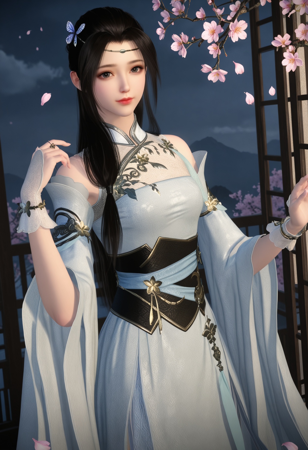 (cowboy shot:1.2),(looking at viewer:1.1),masterpiece,(best quality),smog,Dark room,dim lighting,peach blossom,falling petals,<lora:YQ_Illustrious光辉v5_叶雪青_V1:0.8>,q1528437228,1girl,solo,long hair,black hair,dress,hair ornament,white dress,chinese clothes,detached sleeves,sash,butterfly hair ornament,jewelry,brown hair,bracelet,circlet,black eyes,wide sleeves,long sleeves,obi,white footwear,