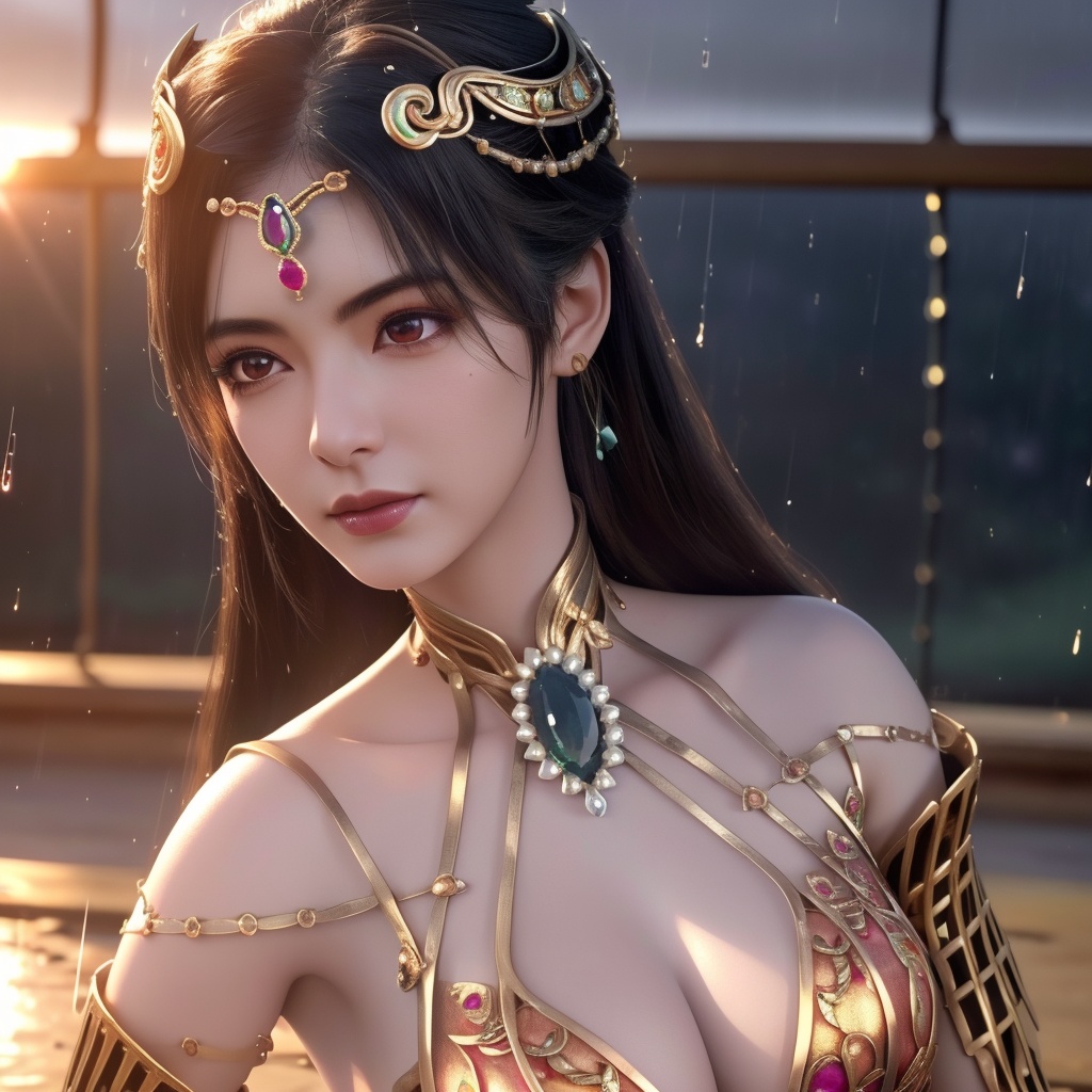 <lora:780-DA-神澜奇域-主持人:0.8>, (,1girl, ,best quality, ),looking at viewer,  ,,ultra detailed 8k cg, ultra detailed background ,ultra realistic 8k cg,          cinematic lighting, cinematic bloom, (( , )),,  , unreal, science fiction,  luxury, jewelry, diamond, pearl, gem, sapphire, ruby, emerald, intricate detail, delicate pattern, charming, alluring, seductive, erotic, enchanting, hair ornament, necklace, earrings, bracelet, armlet,halo,masterpiece, (( , )),, realistic,science fiction,mole,   ,cherry blossoms,,(((Best quality, masterpiece, ultra high res, (photorealistic:1.4), raw photo, 1girl, ,rain, , sunlight, sunset,     )))  (cleavage),stylish_pose,  (), butterfly,