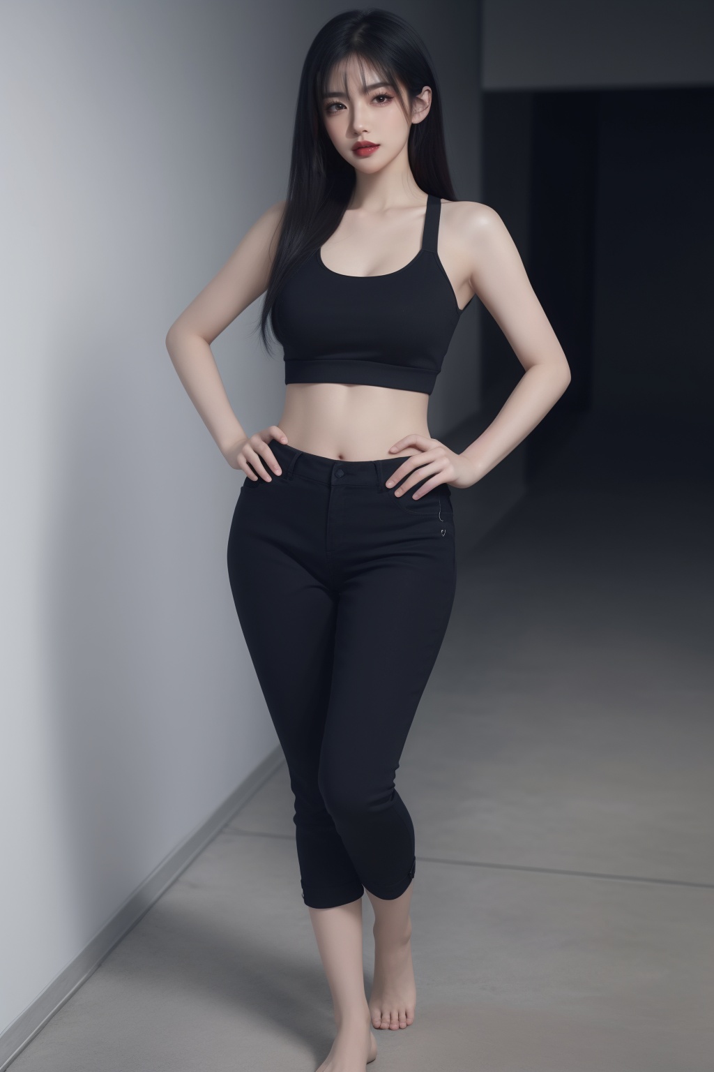 1girl, bare shoulders, barefoot, black hair, black nails, black pants, breasts, capri pants, crop top, full body, hand on hip, leggings, lips, long hair, makeup, midriff, nail polish, nose, pants, solo, sports bra, standing, toenail polish, toenails, yoga pants<lora:运动美女:0.66>