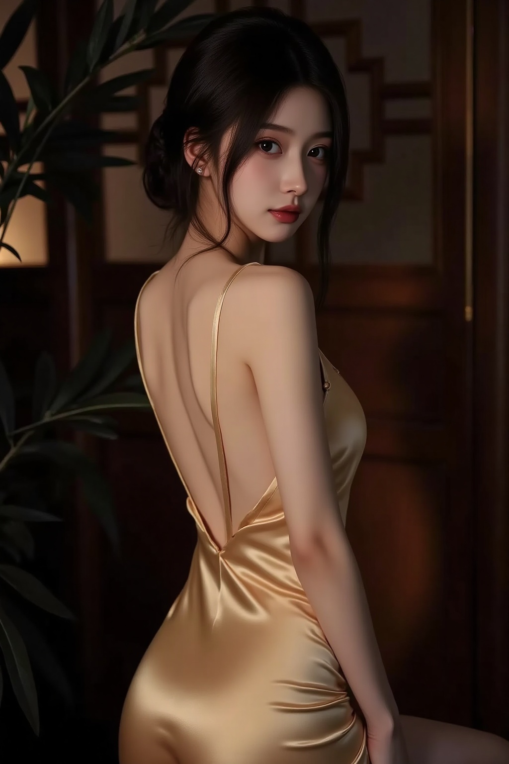 pajamas,beauty,This is a highly detailed,high-resolution photo of a fair-skinned young East Asian woman with delicate features. She has a petite and slender figure,her dark brown hair styled in an elegant updo. Her makeup is minimal but highlights her almond-shaped eyes and full lips,which are accented with soft pink hues. She wears a sleeveless,form-fitting golden dress with a low back neckline and subtle luster,creating a luxurious and refined look. The dress drapes elegantly on her body,accentuating her small bust and narrow waist. The background lighting is dim,surrounded by dark leaves that are nearly black,adding an element of mystery and depth to her. Behind her,there is a finely carved wooden structure,hinting at an Oriental or traditional setting. The lighting is soft and diffused,casting gentle glows that enhance the texture of her dress and the shadows of the leaves. The overall atmosphere of the photo is serene and elegant,with a touch of sensuality.,