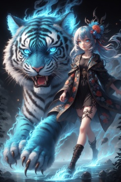 1girl, colorful, flower, hair ornament, multicolored hair, gradient hair, solo, water, floral print,  Blue fire tiger, blue fire, glowing eyes, animal,abstract,candy grass material, colorful background,multicolored hair, <lora:kim_画虎_v1:1> 