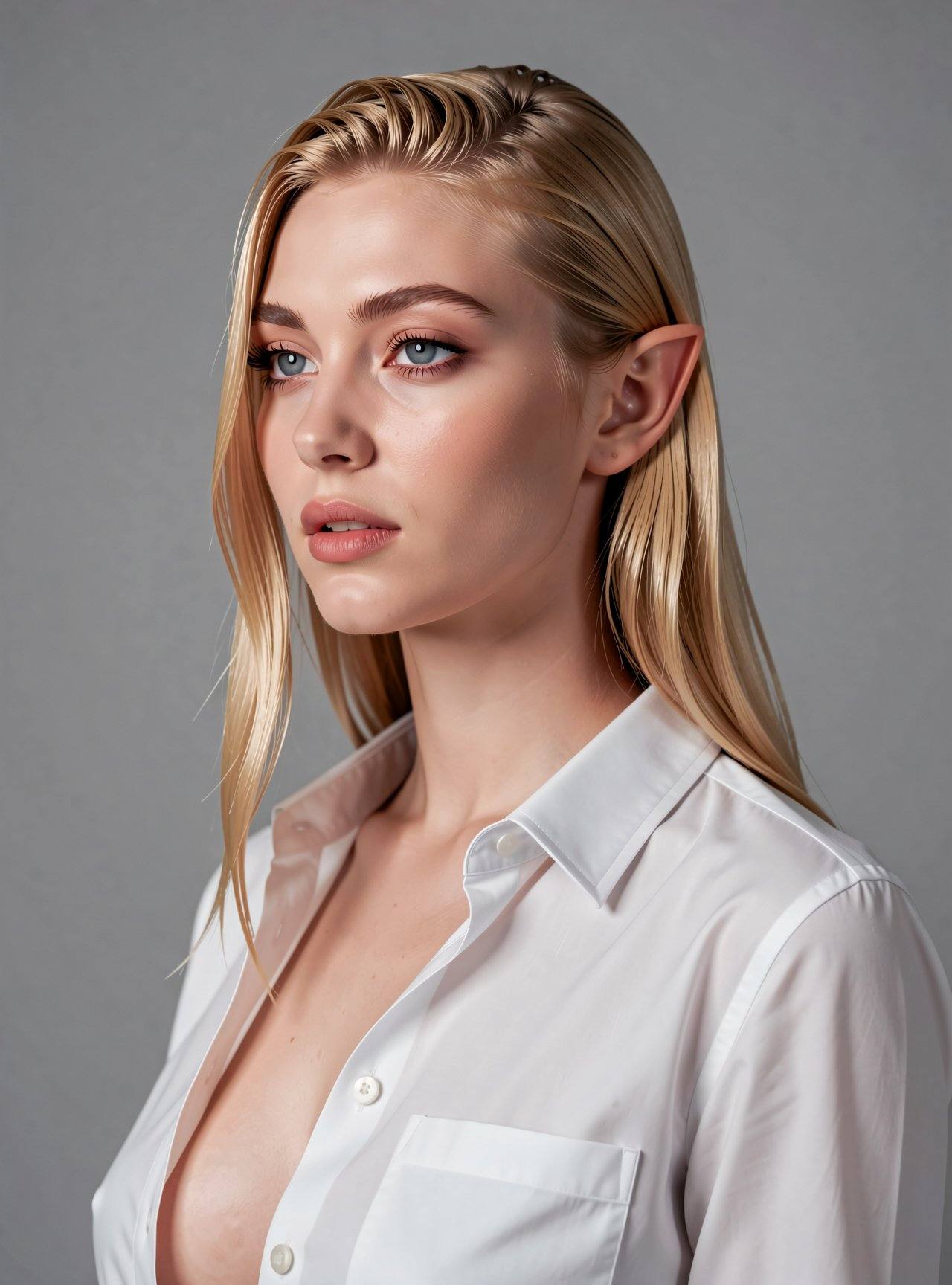 d4n3lfphoto of a young woman,  white shirt,  cleavage on Tensor.Art