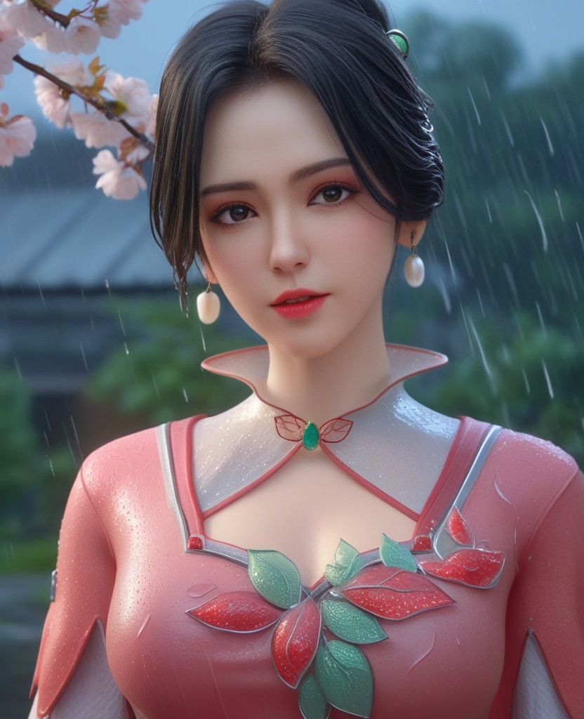 <lora:703-DA-XL-少年歌行-墨花雪:0.8>(,1girl, ,best quality, ),looking at viewer, ,ultra detailed 8k cg, ultra detailed background,  ultra realistic 8k cg,          cinematic lighting, cinematic bloom, (( , )),,  , unreal, science fiction,  luxury, jewelry, diamond, pearl, gem, sapphire, ruby, emerald, intricate detail, delicate pattern, charming, alluring, seductive, erotic, enchanting, hair ornament, necklace, earrings, bracelet, armlet,halo,masterpiece, (( , )),, realistic,science fiction,mole, ,cherry blossoms,(((, , ultra high res, (photorealistic:1.4), raw photo, 1girl, wet clothes, rain, sweat, ,wet, )))(( , ))   (cleavage), (),