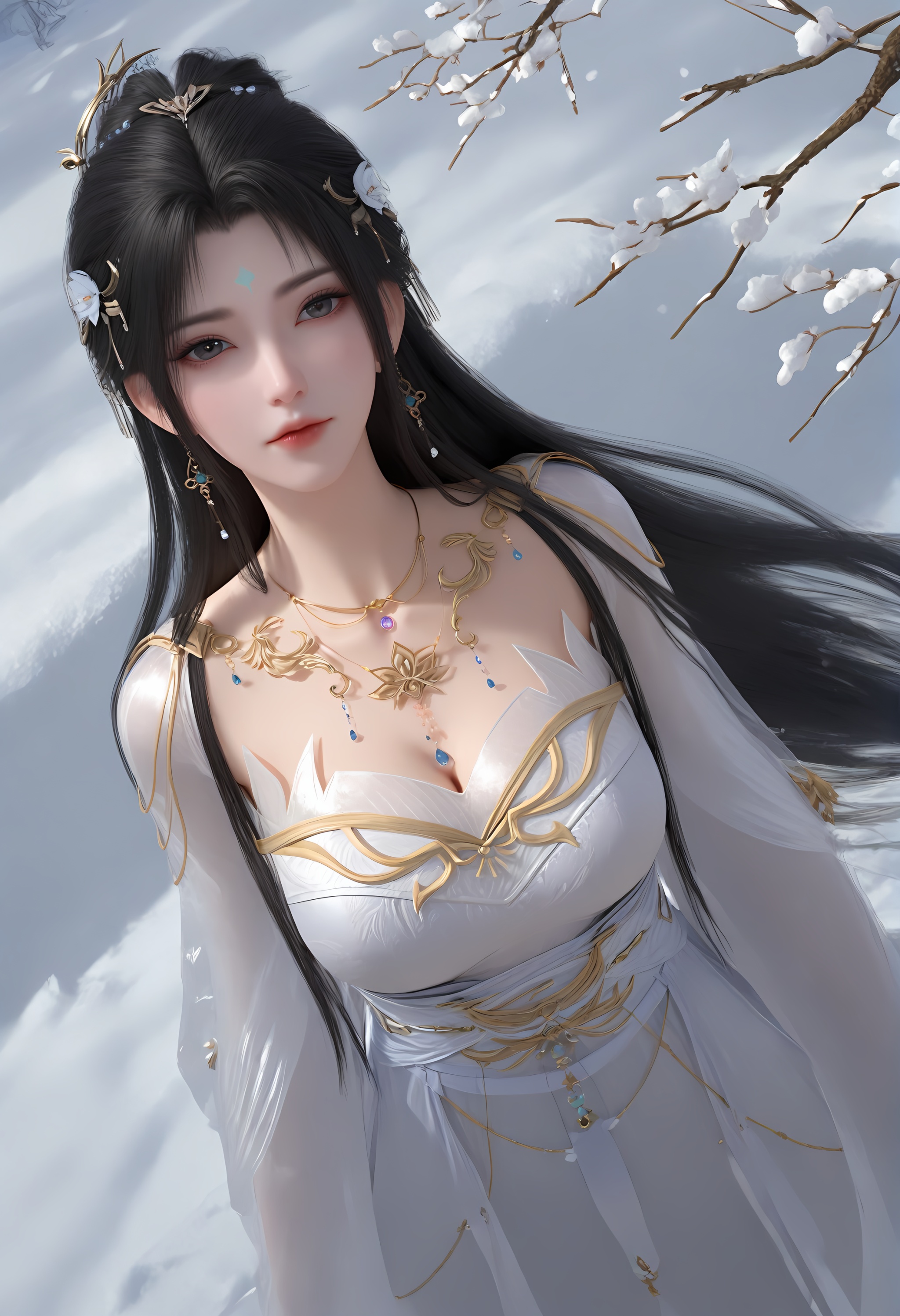 (score_9),<lora:清漪-apony:0.8>,qingyi,1girl,solo,forehead mark,black hair,long hair,hair ornament,hair flower,jewelry,earrings,necklace,detached sleeves,white dress,belt,sash,<lora:Expressive_H-000001:0.8>,Expressiveh,front view,looking at viewer,light blush,dutch angle,dynamic_angle,from above,salute,one side up,mature female,collarbone,pointy breasts,puffy breasts,((large teardrop breasts)),cleavage,fair_skin,(pale_skin),(white_skin),light skin,ultra-detailed skin texture,detailed textures,BREAKsimple background,in snow,Tyndall effect,available light,depth of field,tree,snowflakes,branch,twig,4K ultra HD,sharp focus,high detail,natural lighting,high contrast,<lora:e色温:0.3>,