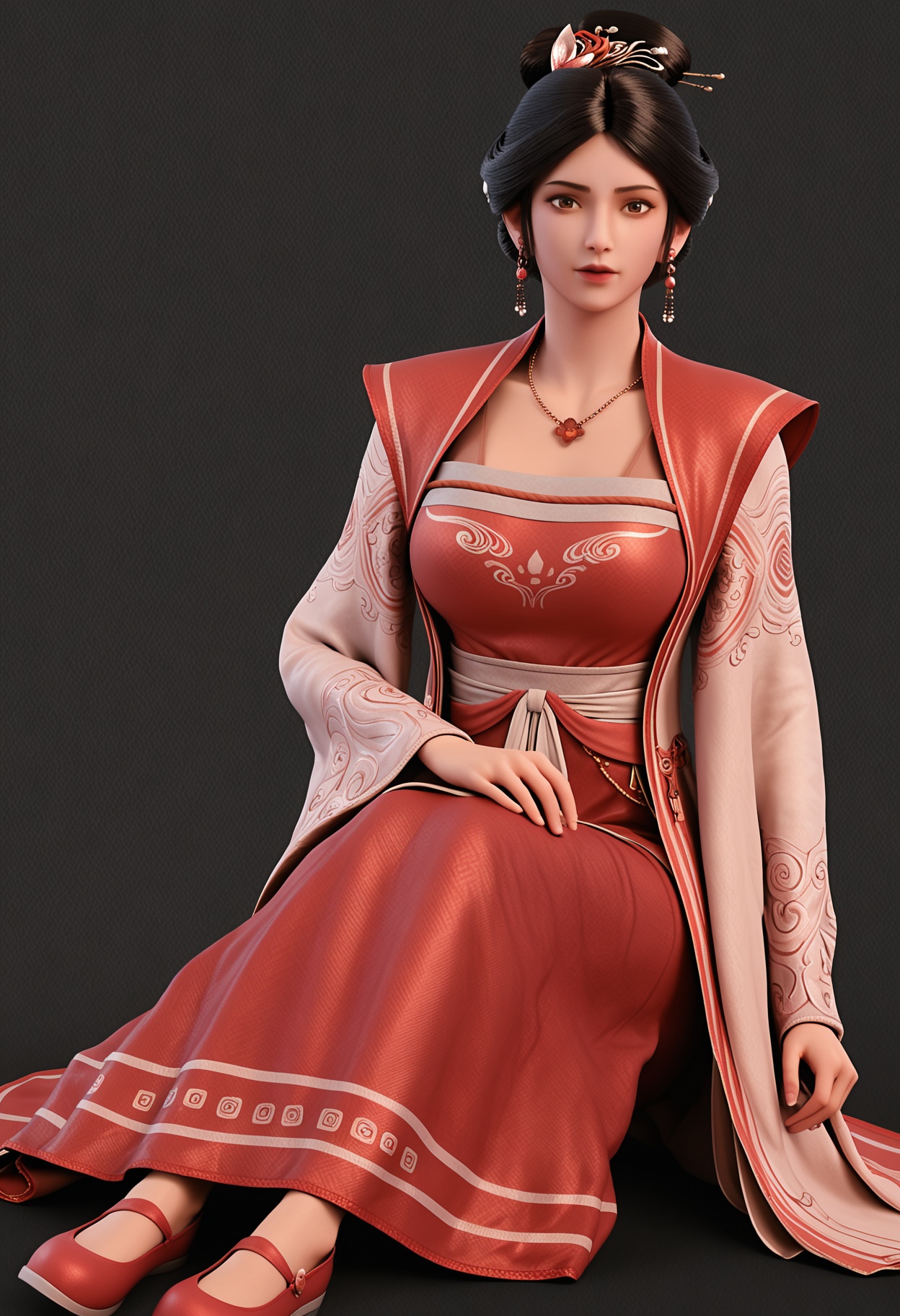 score_9,looking_at_viewer,(large breasts:0.8),xushi,1girl,solo,black hair,jewelry,earrings,realistic,hair ornament,hair bun,necklace,brown eyes,chinese clothes,lips,long sleeves,dress,hanfu,shoes,sitting,(simple background,pure black background,black background:1.1),perfect_anatomy,<lora:QQSponyxushiV1:0.8>,