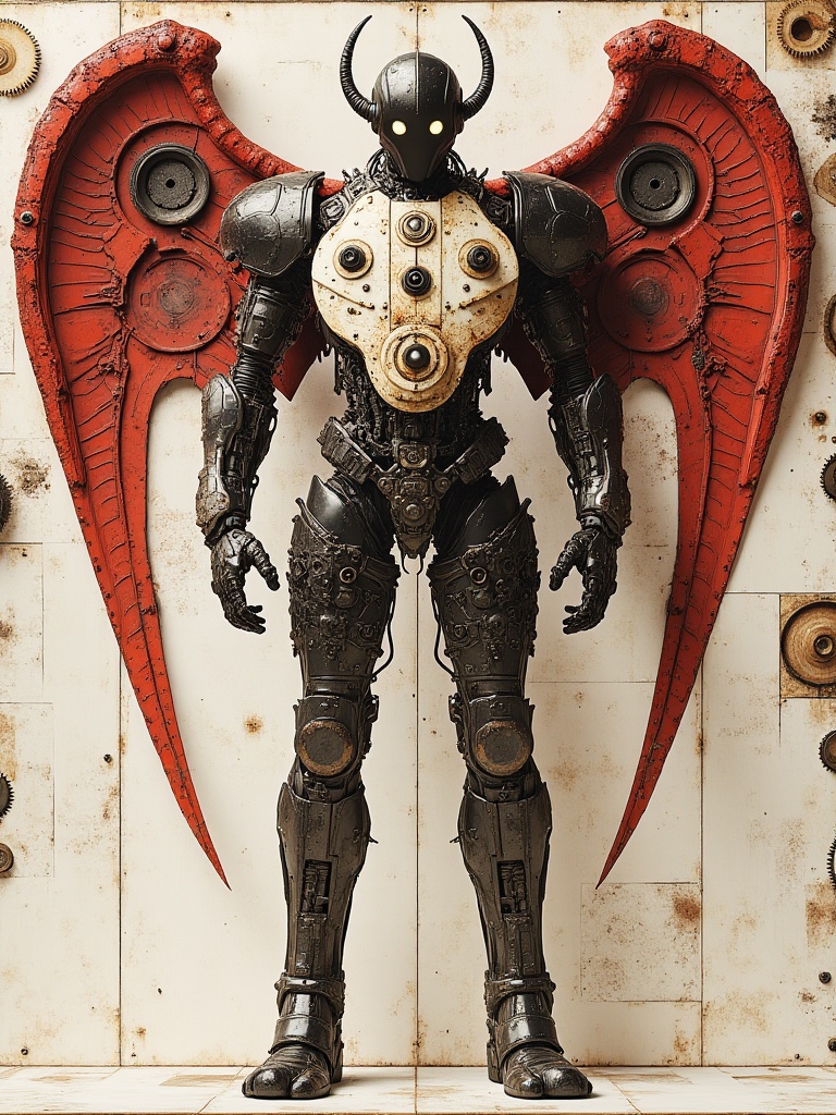 miluo_jqgk,A badass humanoid robot with a mechanical, steampunk vibe, rocking a helmeted head, a metallic chest, and a pair of massive, red-feathered wings. The background is a gritty mix of industrial gears and worn-out textures, giving off a cyberpunk industrial feel. The robot stands in a three-quarter pose, flaunting its mechanical prowess.<lora:米洛丨机器怪咖v1.3:1>
