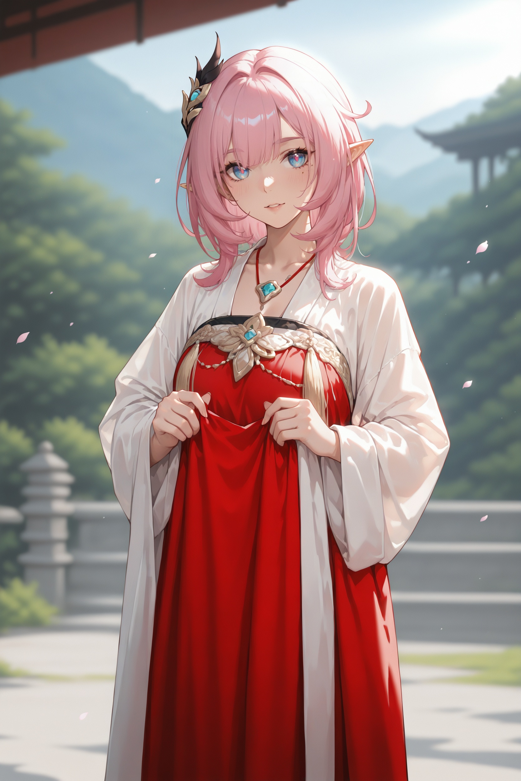 detailed,detailed background,toon,.,.,general,.,.,1girl,cowboy shot,elysia \(honkai impact\),blush,jewelry,day,<lora:RE162-000016:0.77>,tangfu,qixiong ruqun,, very awa, masterpiece, best quality, highres, absurdres,