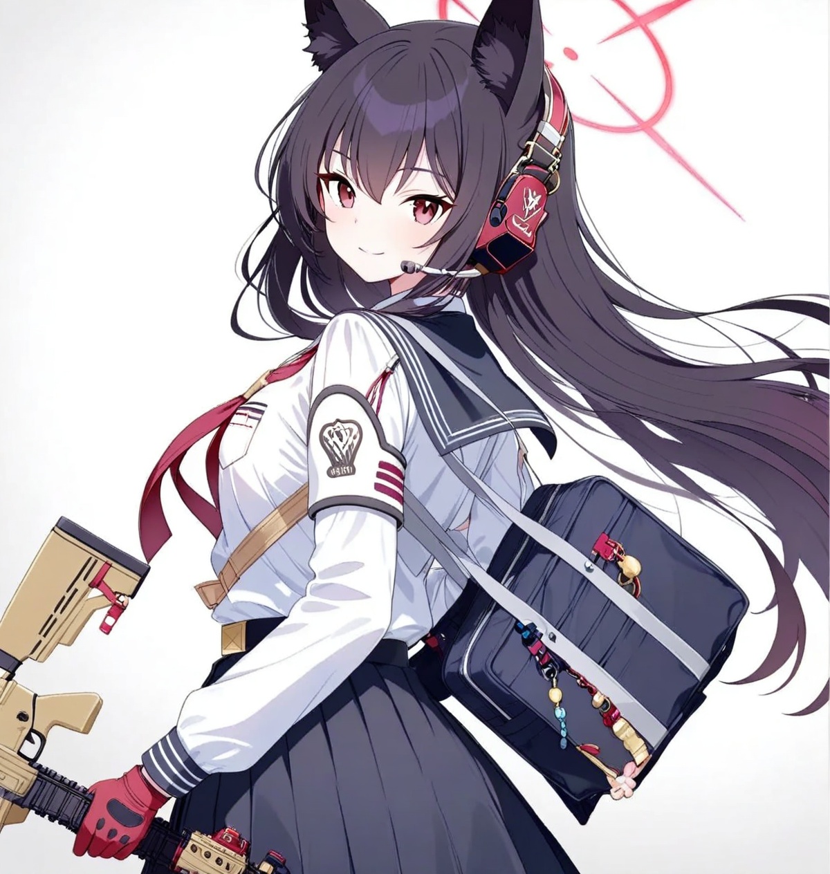 Shichido Yukino(blue archive),ultra detailed anime texture,1girl,Shichido Yukino(blue archive), animal ears, solo, long hair, school uniform, halo, red eyes, looking at viewer, black hair, bag, skirt, smile, serafuku, white background, headset, sailor collar, gloves, simple background, black skirt, long sleeves, bangs, red gloves, hair between eyes, school bag, gradient background, gradient, closed mouth, animal ear fluff, pleated skirt, looking back,UHD,ccurate,anatomically correct,textured skin,super detail,high details,award winning,best quality,high quality,retina,HD,16k,8k,