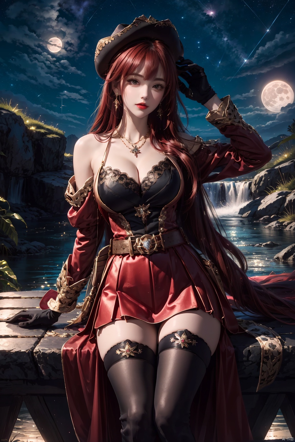 mhc, 1girl, breasts, solo, gloves, thighhighs, jewelry, long hair, hat, large breasts, cleavage, sitting, red hair, dress, night, looking at viewer, earrings, black gloves, belt, moon, bare shoulders, parted lips, black thighhighs, outdoors, star \(sky\), sky, very long hair, necklace, red lips, night sky, lips, arm support, red dress, shooting star, water, starry sky, bangs, detached sleeves, zettai ryouiki, brown hair<lora:EMS-372821-EMS:0.800000>