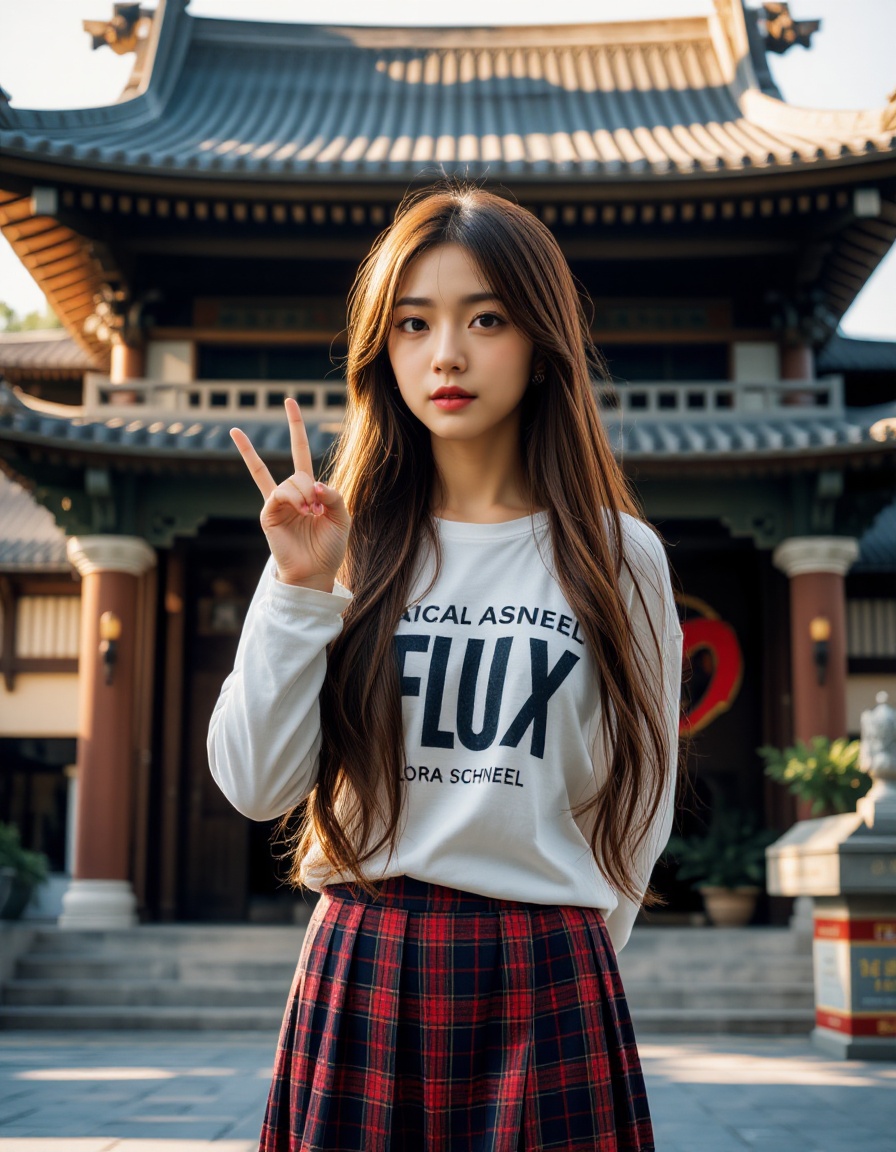 A photograph of an incredibly beautiful 18-year-old girl with long,  stylish gradient brown hair,  standing confidently at...