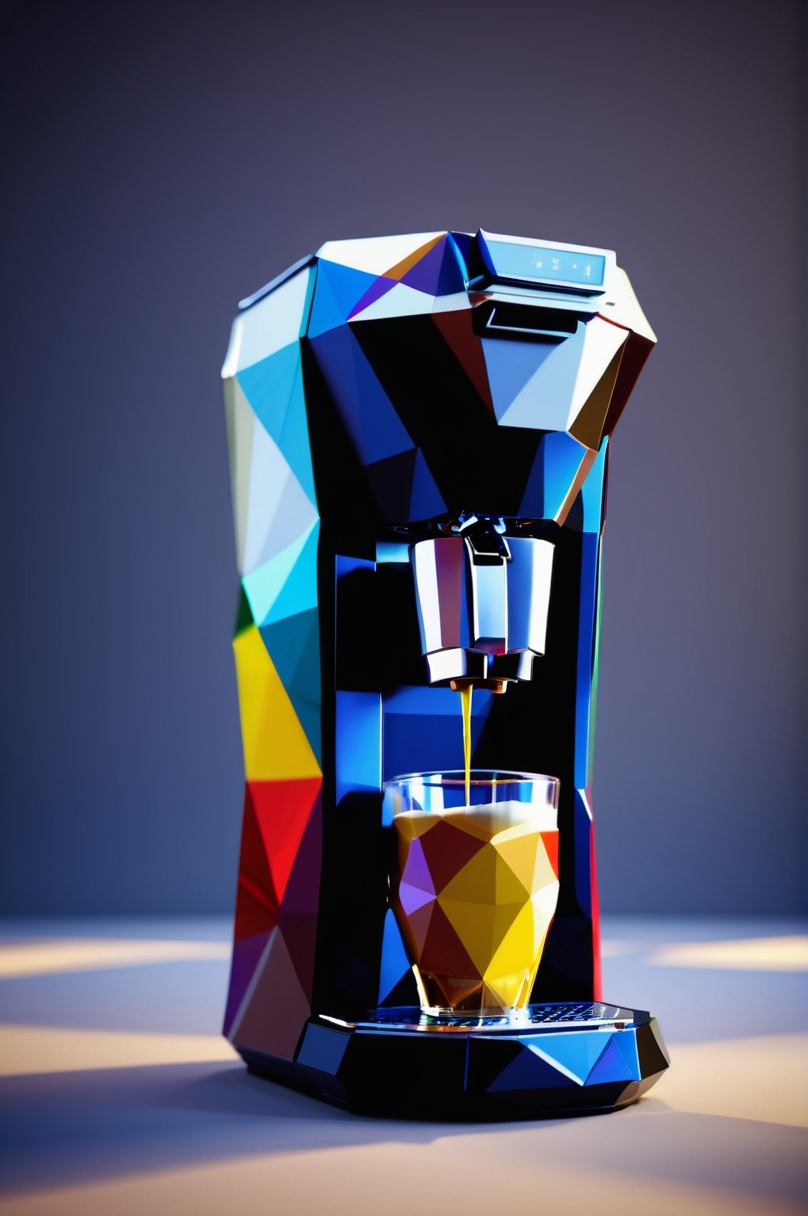 coffee machine made of lowpoly,  character focus:1.1 ,  dramatic angle on Tensor.Art