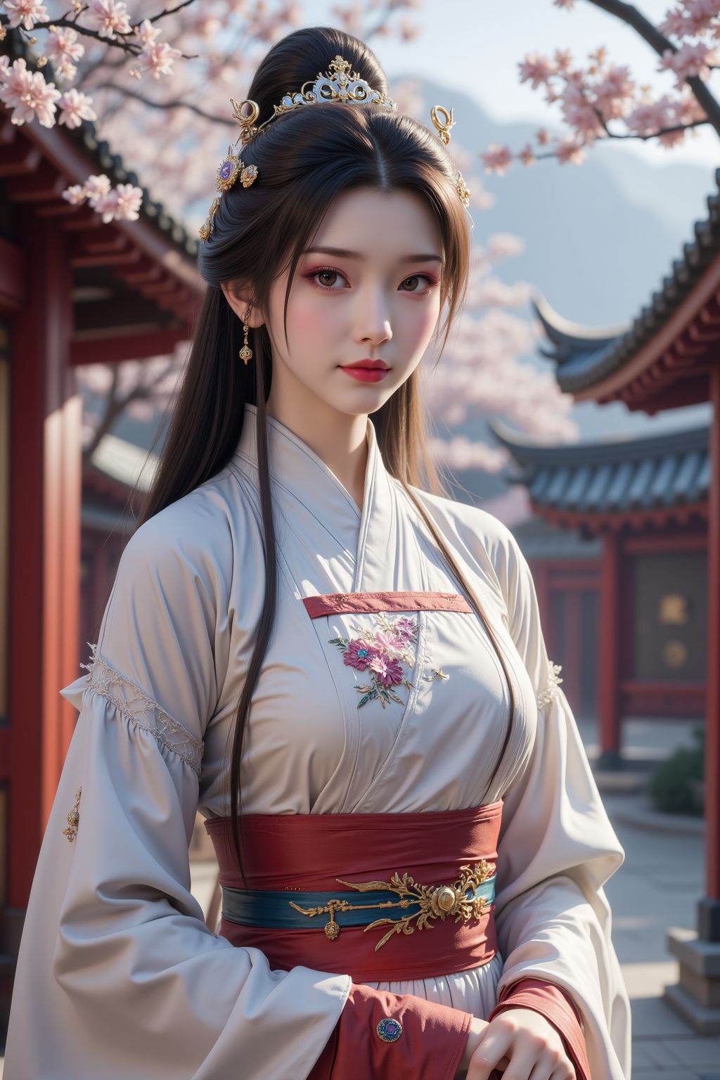 girl,turtleneck hanfu,outdoors,  <lora:AgainAnimeGirlF1Lora10_v2:0.8>