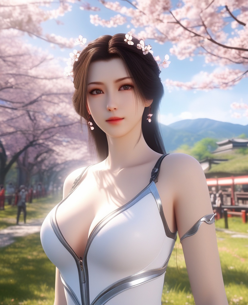 <lora:592-DA-XL-星辰变-姜立:0.8>(,1girl, ,best quality, ),looking at viewer,  ultra detailed background,ultra realistic 8k cg,ultra detailed 8k cg,masterpiece,upper body,  (( , )),, ,science fiction,mole, ultra realistic 8k cg, ,    ,outdoors, sun,sunlight, cherry blossoms,      (cleavage), (),